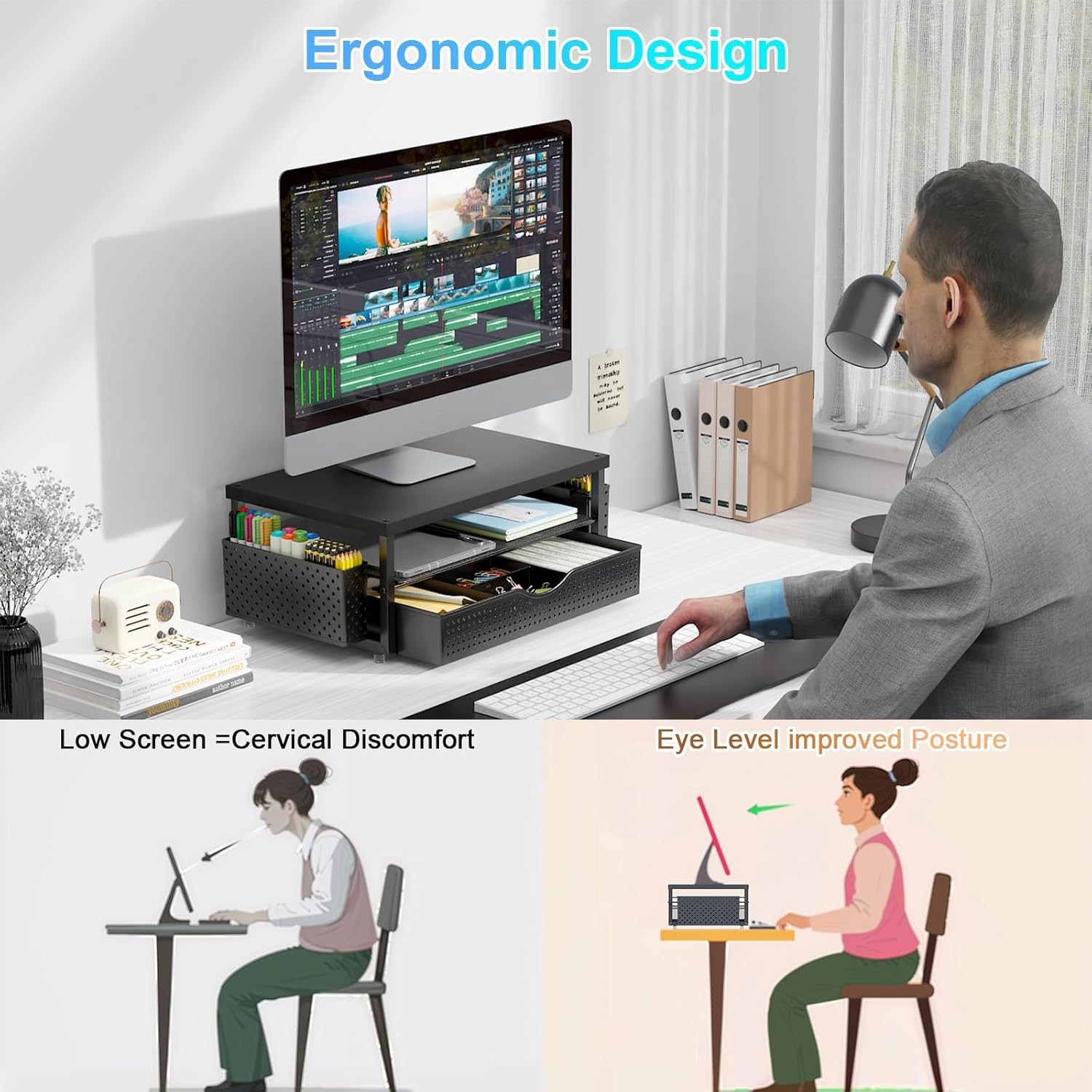 Industrial Style Monitor Stand Riser with Drawer – Ergonomic Design for Comfort
