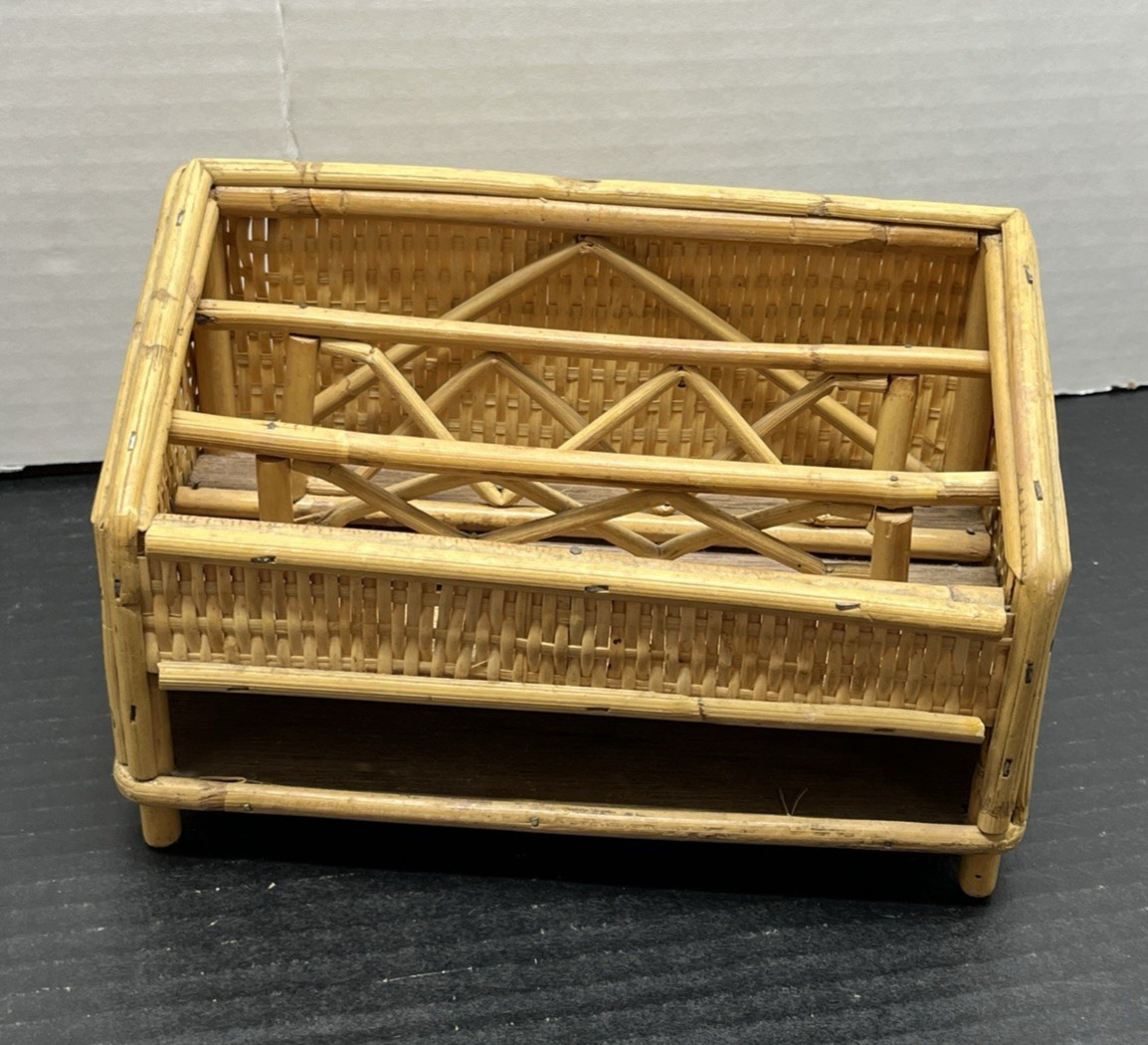 Vintage Woven Organizer Desk Letter Holder Wicker Rattan Mid-Century Bohemian