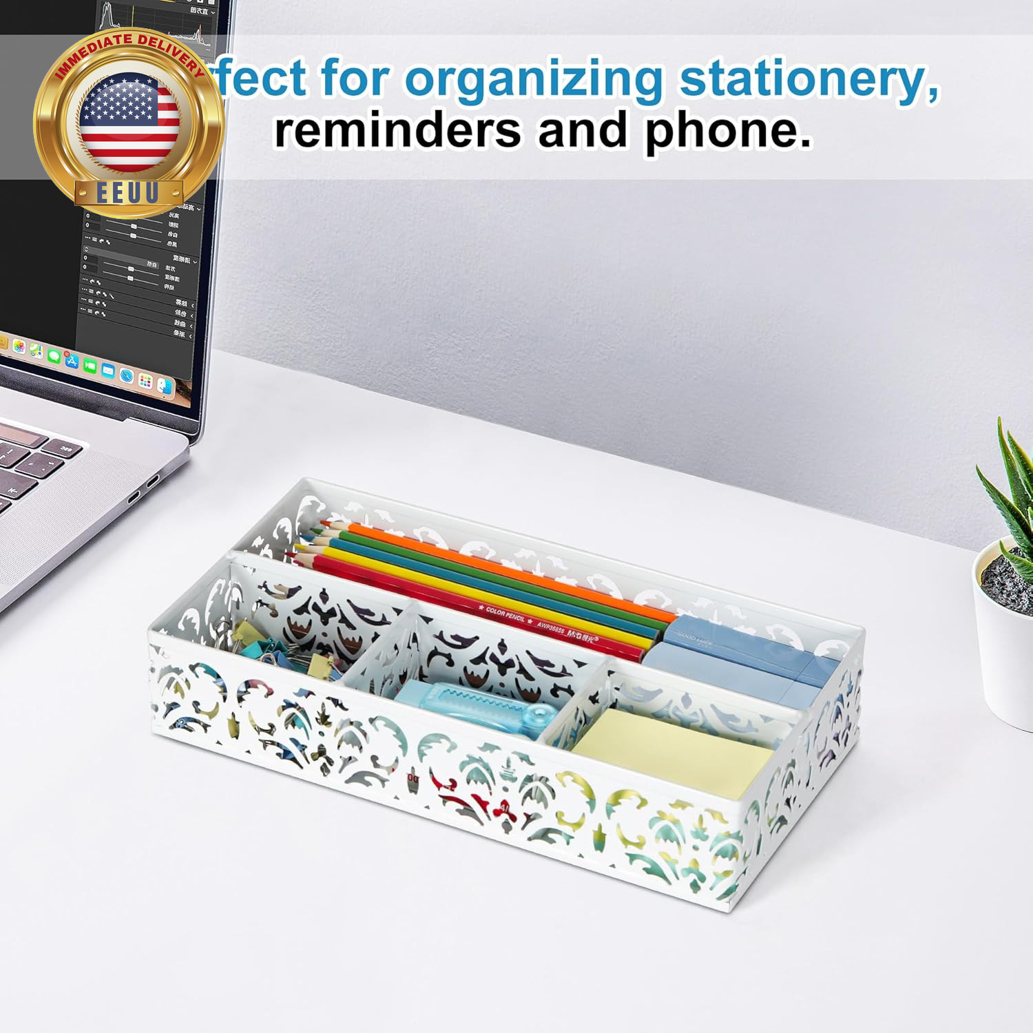Desk Drawer Organizer with 4 Compartments, Carved Hollow Floral Metal Tray for O