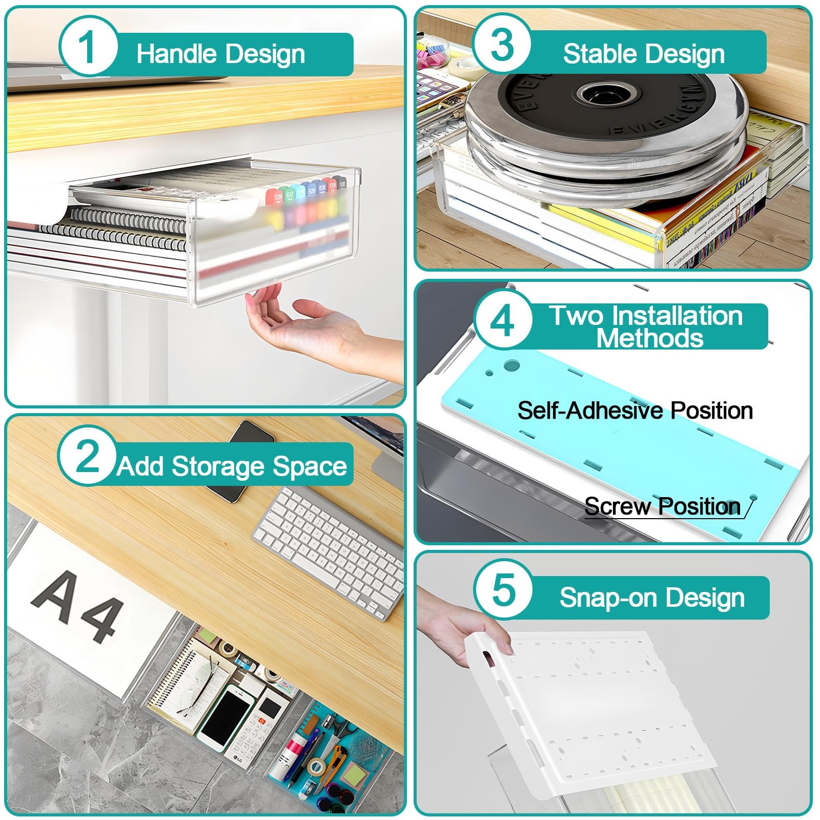 Under Desk Table Drawer Storage Organizer,3 Pack Small & Medium & Large Slide…
