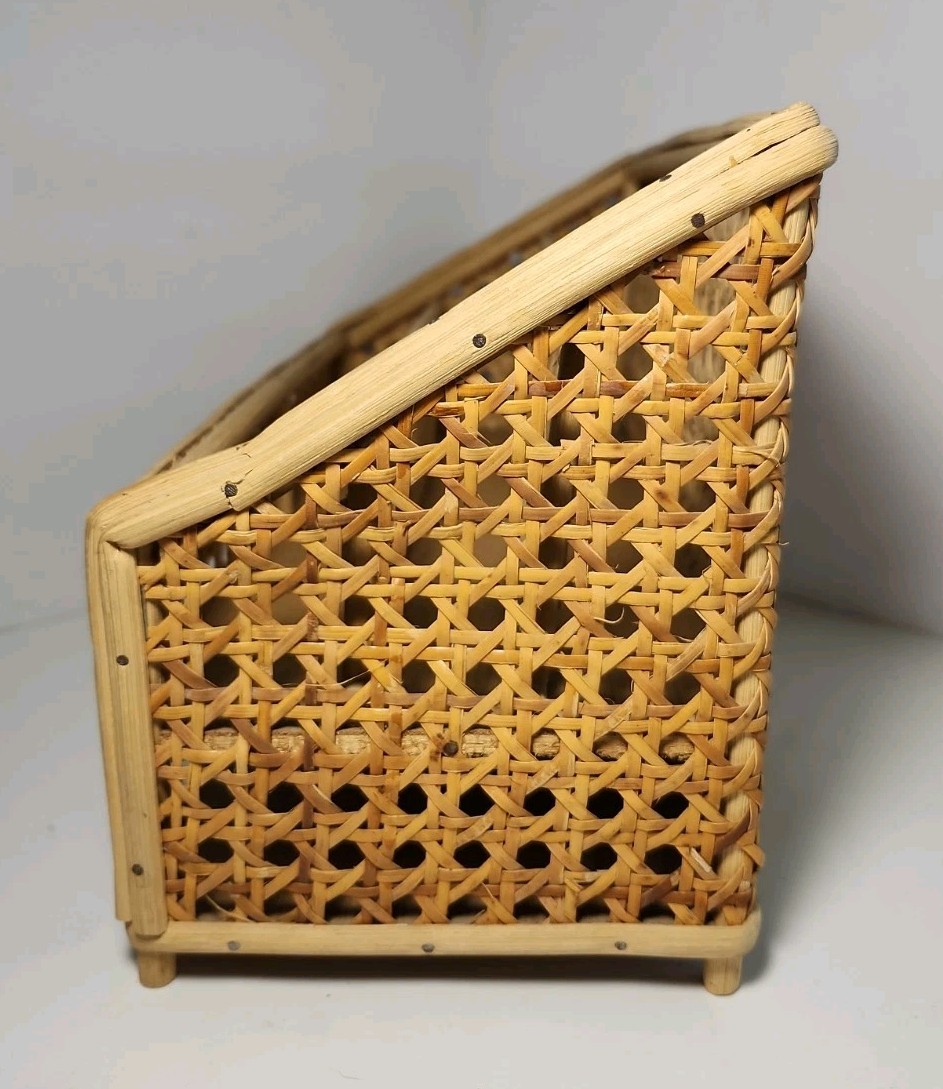 Vintage Bamboo & Rattan Cane Wood Surface Top Desk Top Letter Organizer
