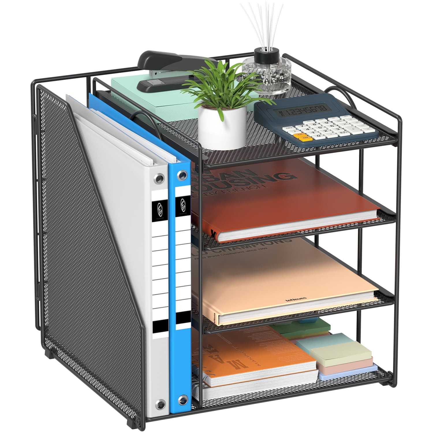 Desk Organizer, 4-Tier Metal File Organizer for Desk with Vertical File Holde…
