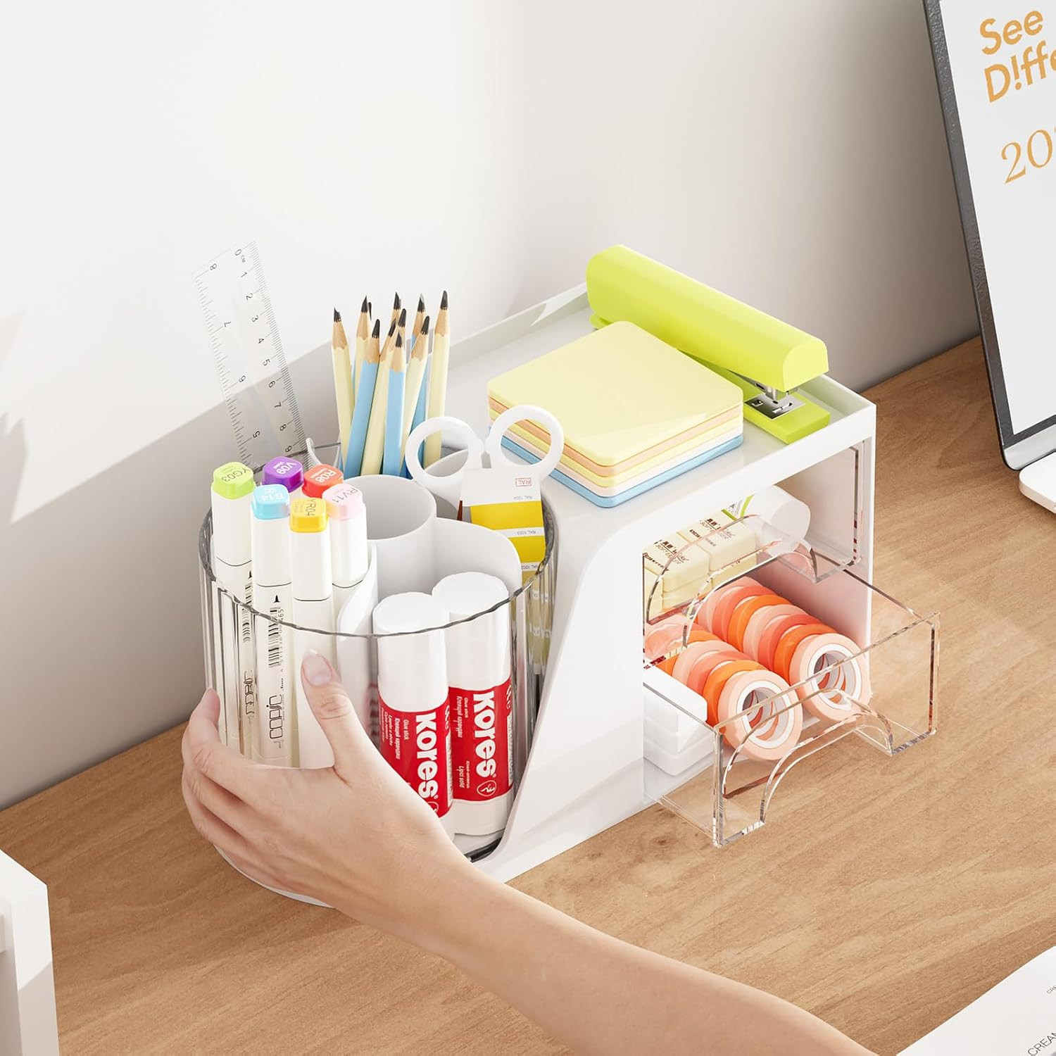 Desk Organizer with 2 Drawer, 360°Rotating Pen Holder, Desk Organizers and Acces