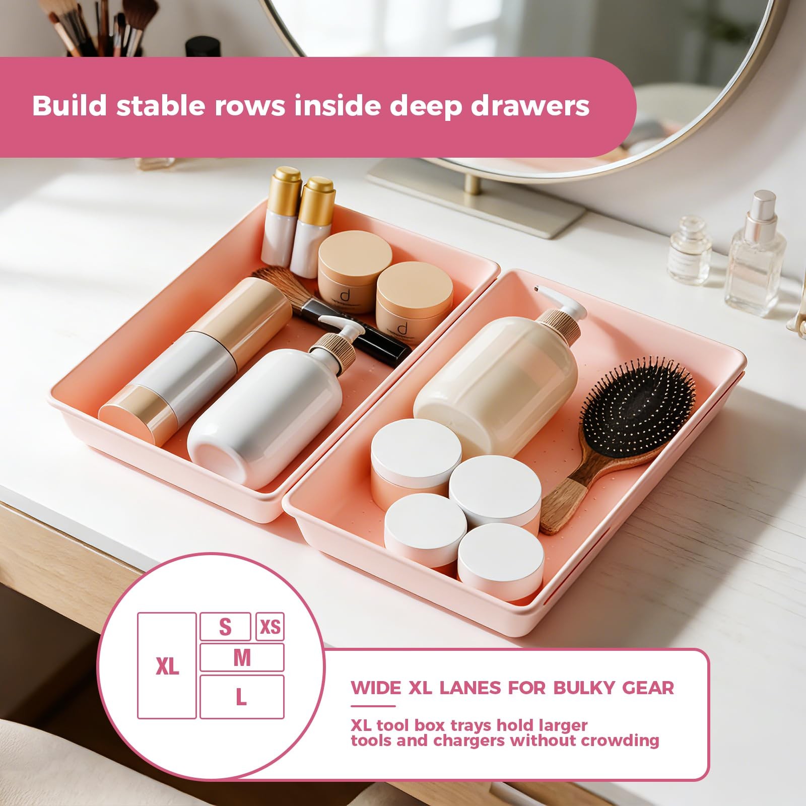[6 PCS Extra-Large] Pink Drawer Organizer Trays with Non-Slip Pads, Interlock…