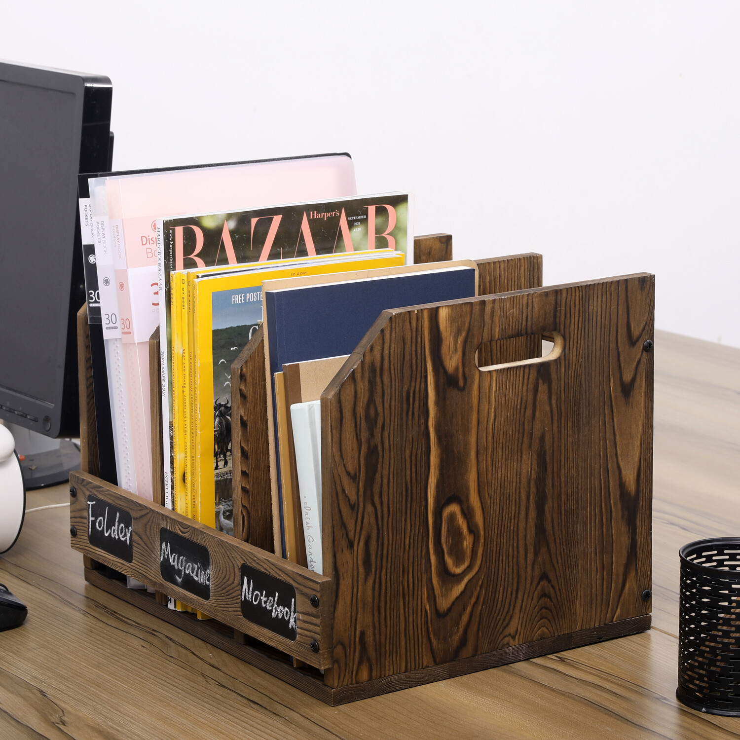 Rustic Burnt Brown Wood Office Document Folder Binder Storage Organizer Rack