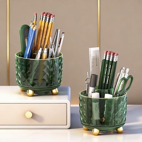 Dark Green Pen Pencil Holder for Desk, 360° Rotating Pen Organizer, Green Office