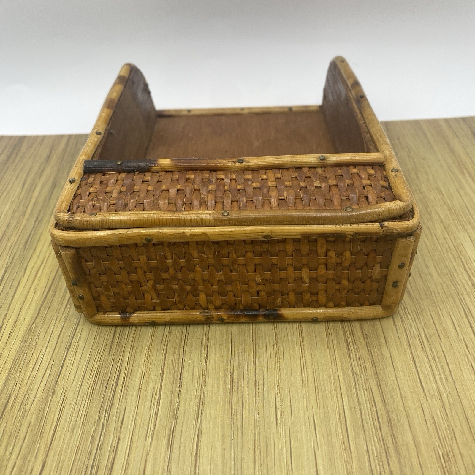 Bamboo Desk Organizer Notepad Tray Vintage Rattan MCM Boho 7 Inch Decor Gift