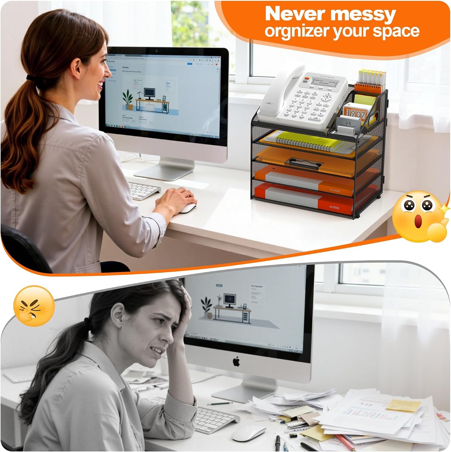 5 Tier Metal Mesh Letter Tray Space Saving Desk File Organizer W/ Handle Pen