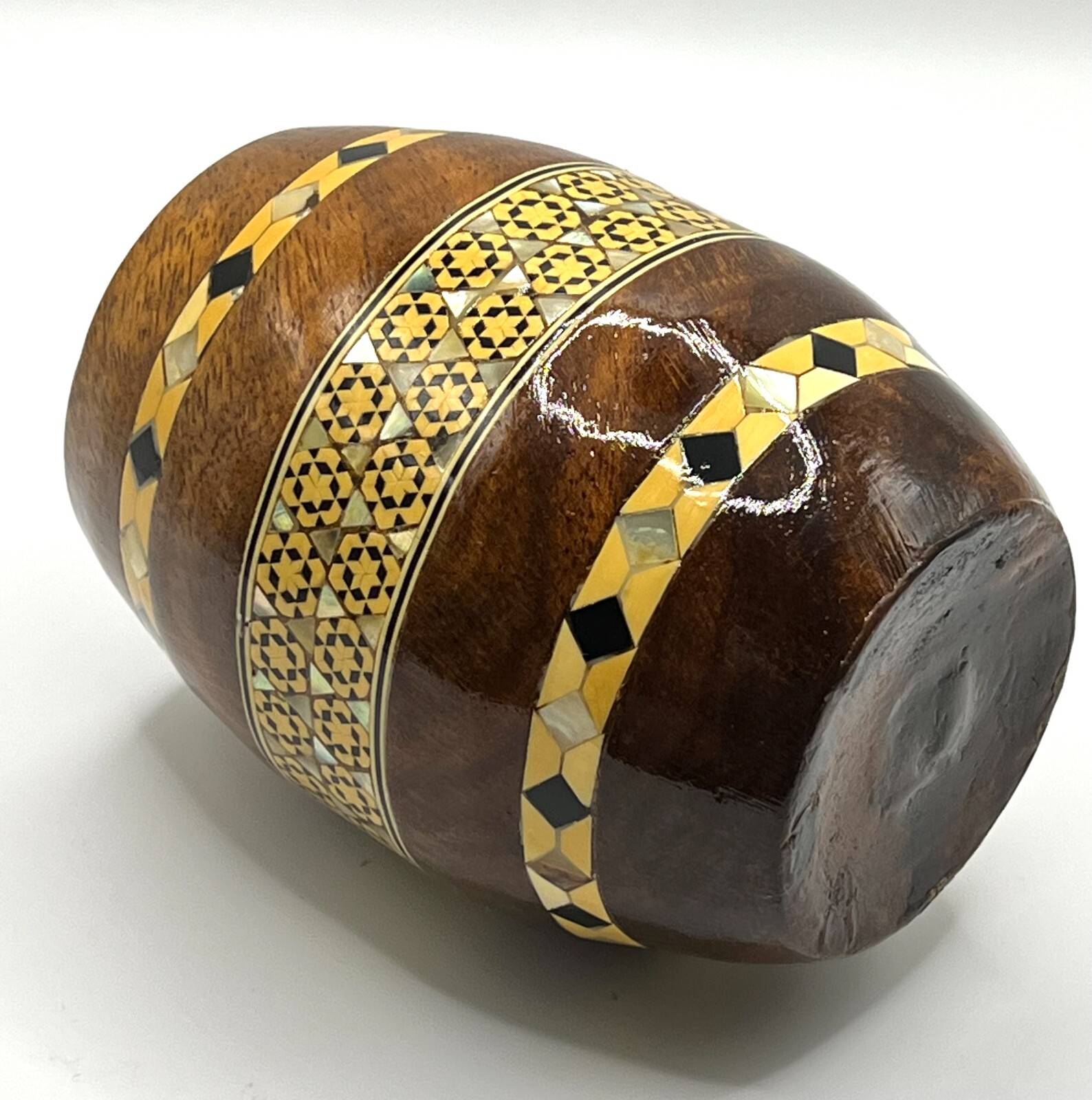 VTG Barrel Shaped Wooden Pen Holder Mother of Pearl Inlay Office Desk Decor 4.2″
