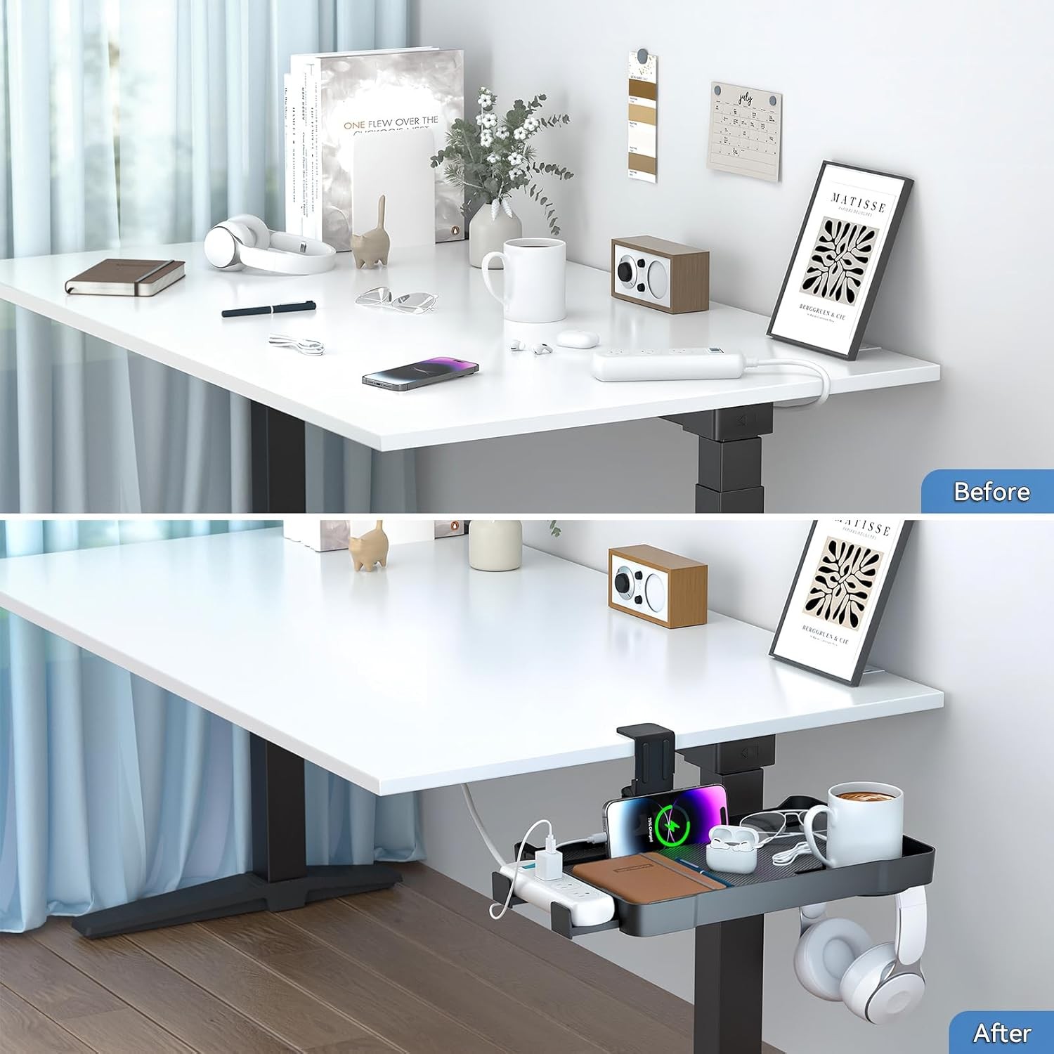 Under Desk Organizer 360° Rotating Clamp-On Tray W/ Headphone Hook Phone