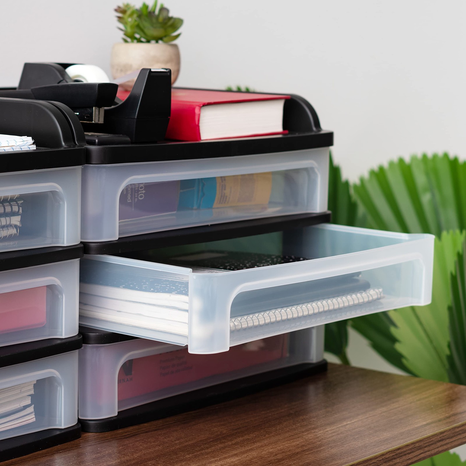 IRIS USA Plastic Desk Top 3-Drawer Storage Organizer with Paper Medium, Black