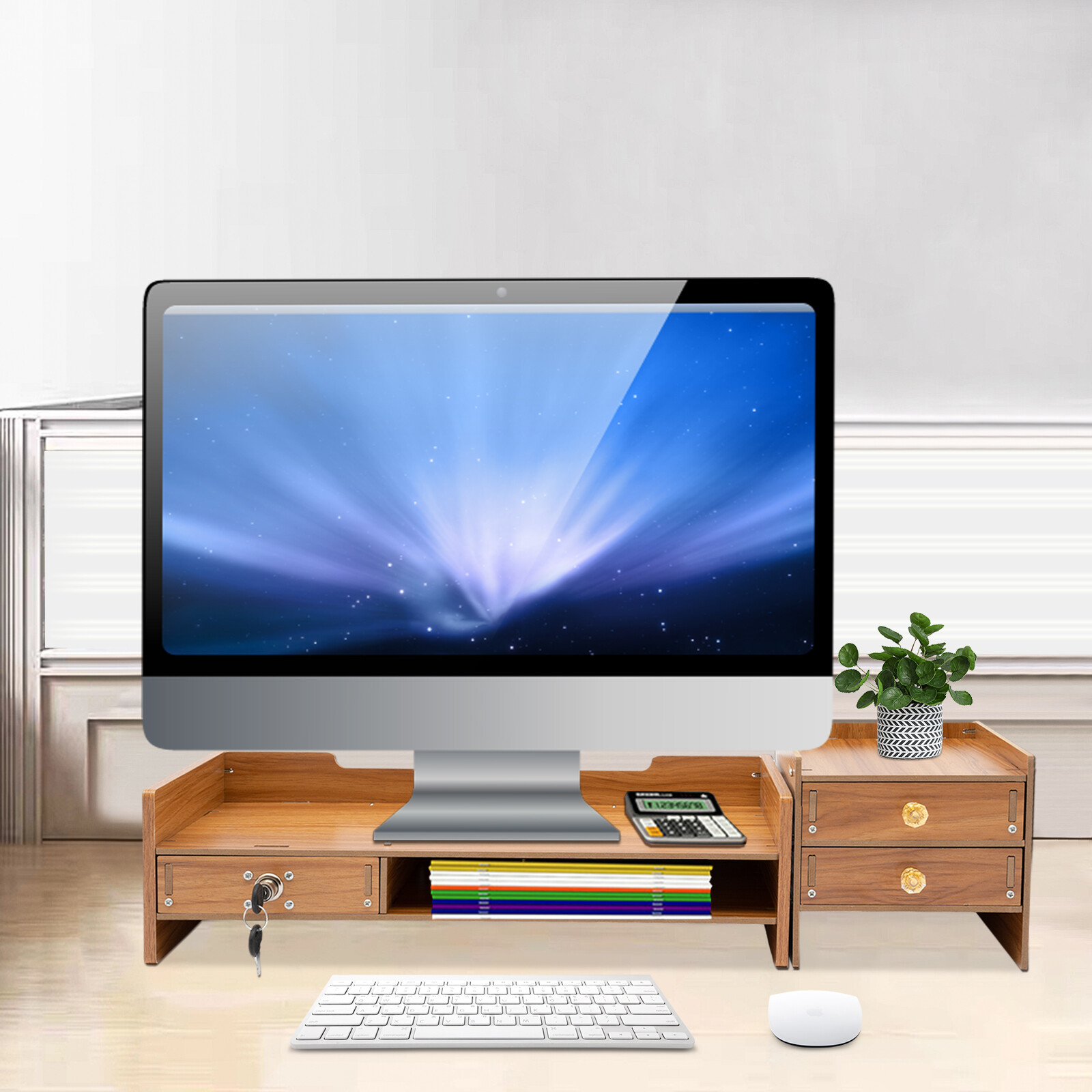 Wood Monitor Stand Riser Computer Laptop Desktop Organizer With Drawers & Lock
