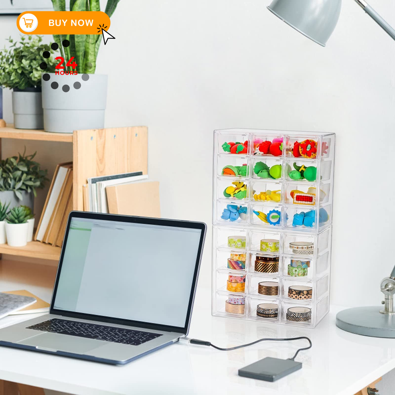 YOUEON 2 Pack Mini Desk Organizer with 12 Removable 7″L x 4″W x 6.1″H, Clear