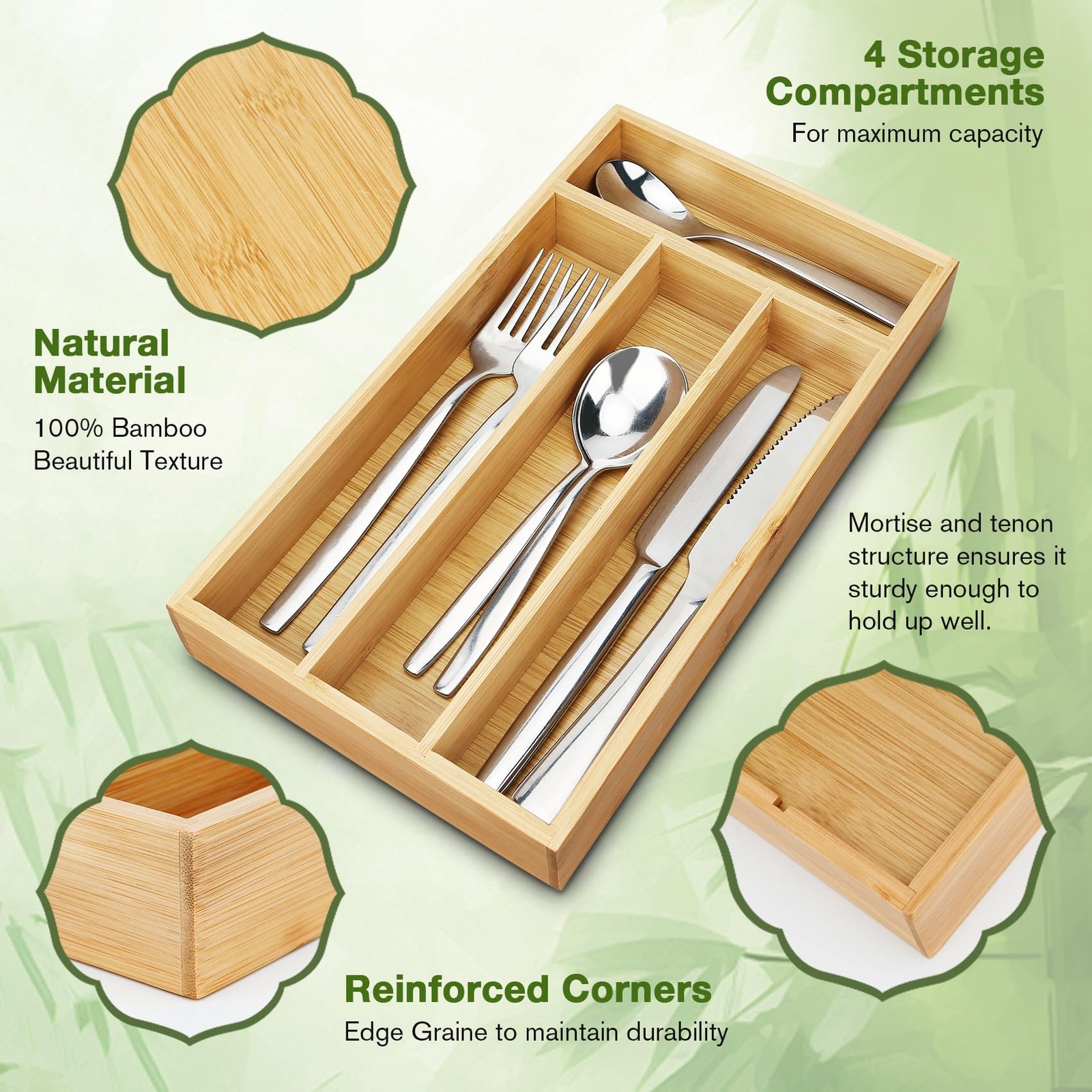 shenee Small Silverware Organizer, Bamboo Drawer Organize, Silver