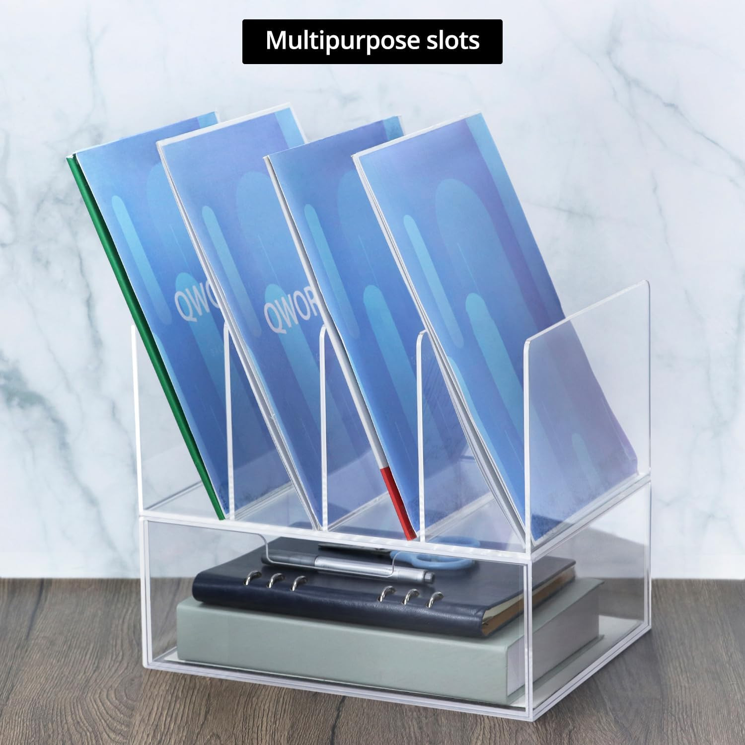 Clear Acrylic Desk Organizer with Drawer, 4-Compartment File Holder, Letter Size