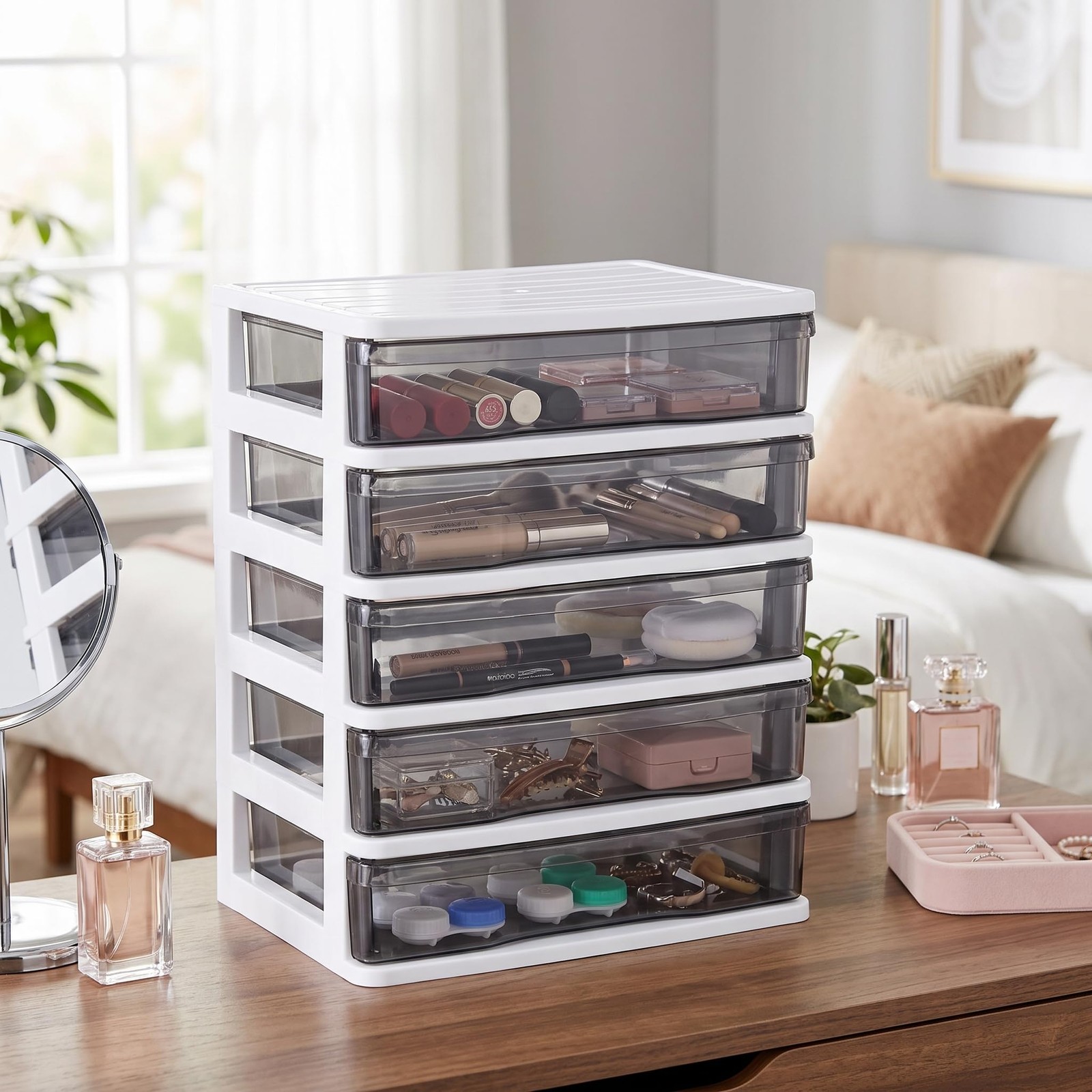DEAYOU 5 Drawer Desktop approx. 9.3″ L x 7.1″ W x 10.3″ H, White,Clear
