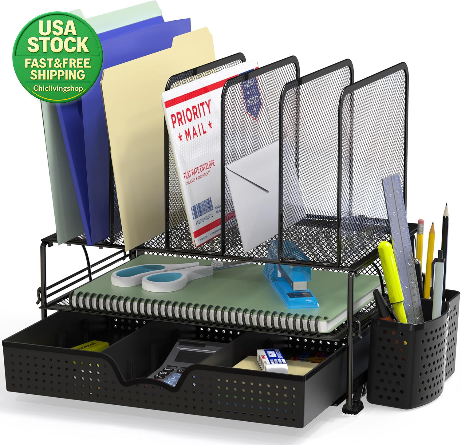 Mesh Desk Organizer Sliding Drawer Double Tray 5 Upright Sections Black