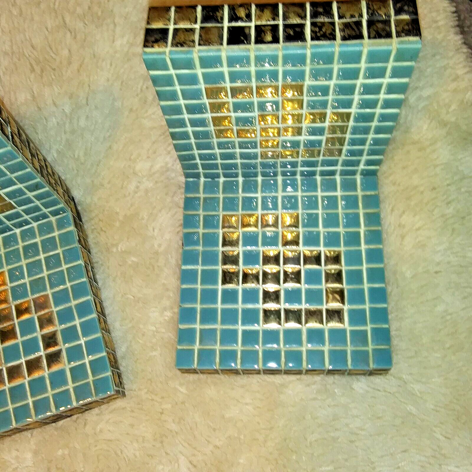 mosaic tile Book Ends robin egg blue and gold Checker decor