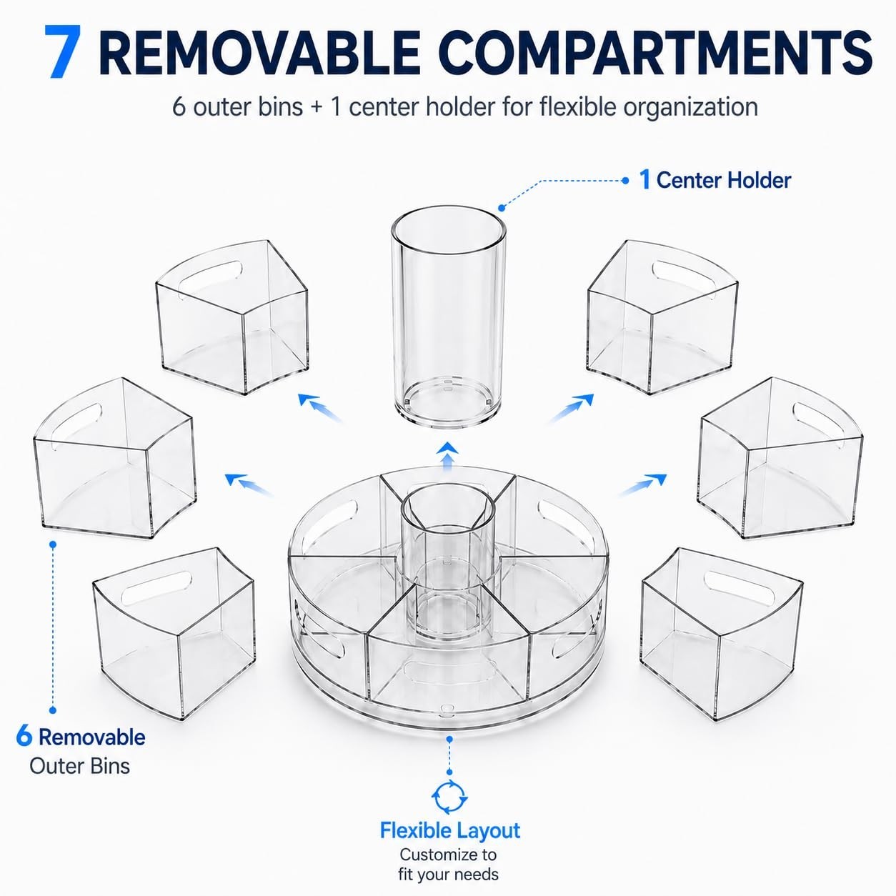 Clear Acrylic Rotating Organizer – 7 Compartment Pen & Art Supply Holder for Des