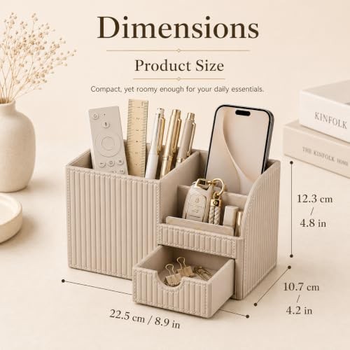 PU Leather Desk Organizer with Drawer Pen Holder Multi-Compartment Office
