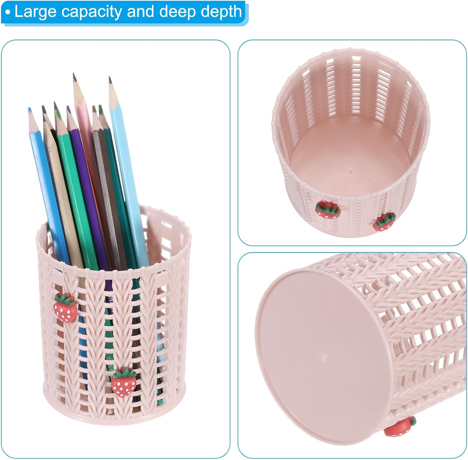 Pencil Holder, 2 Pack Plastic Pen Holder for Desk Cute Pencil Holders Strawberry