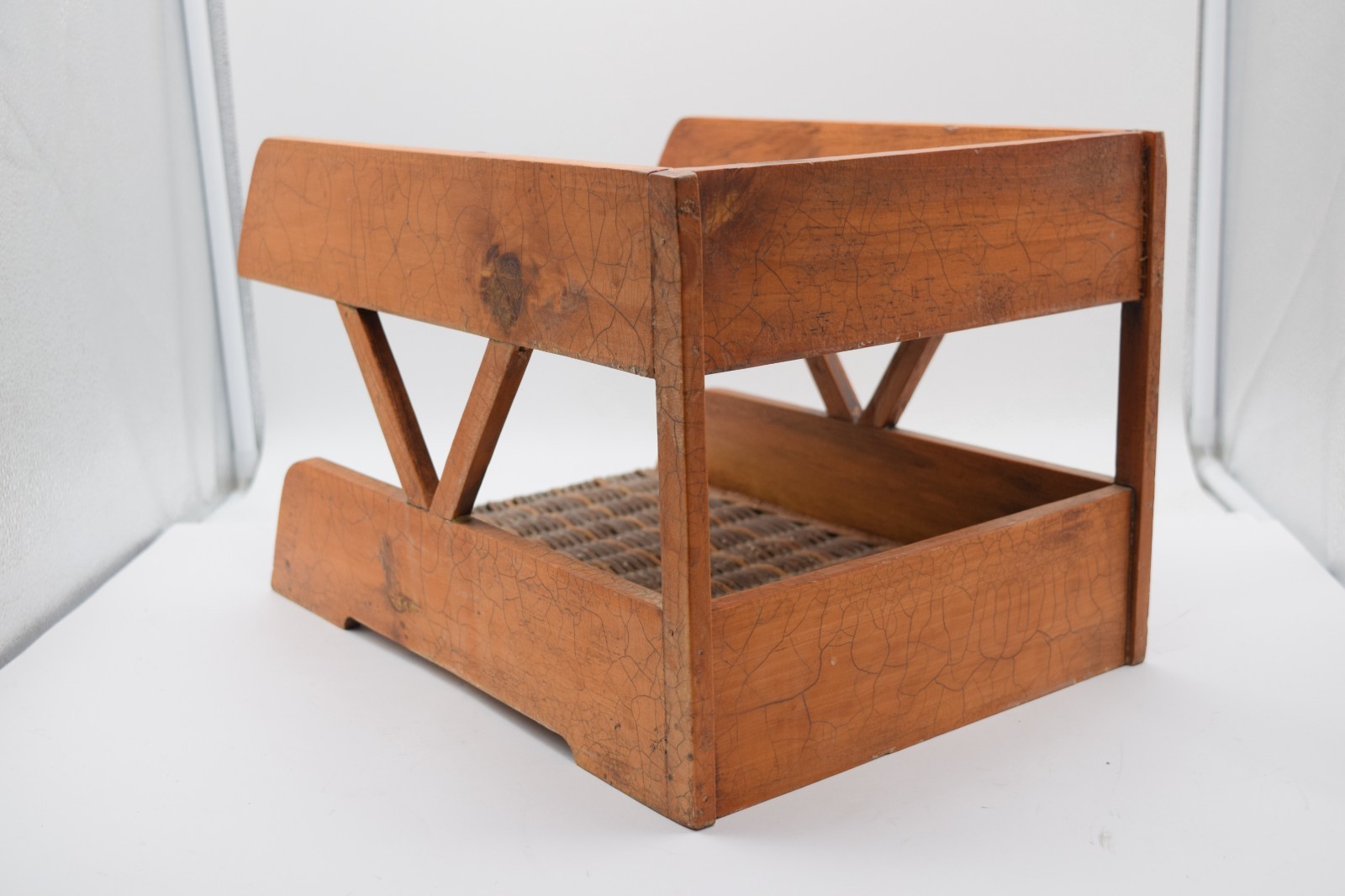 Vintage Wood Letter Tray Desk Organizer Woven Rattan 2 Tier Office Holder