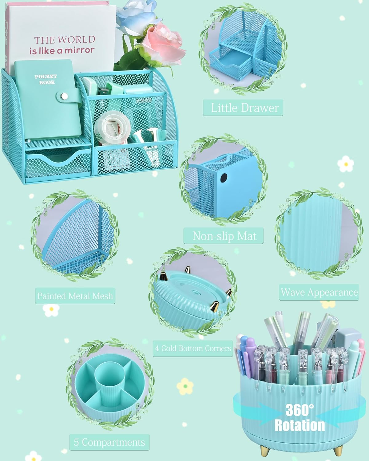 21Pcs Green and Blue Desk Organizers and Accessories with Mesh Desk Organizer an