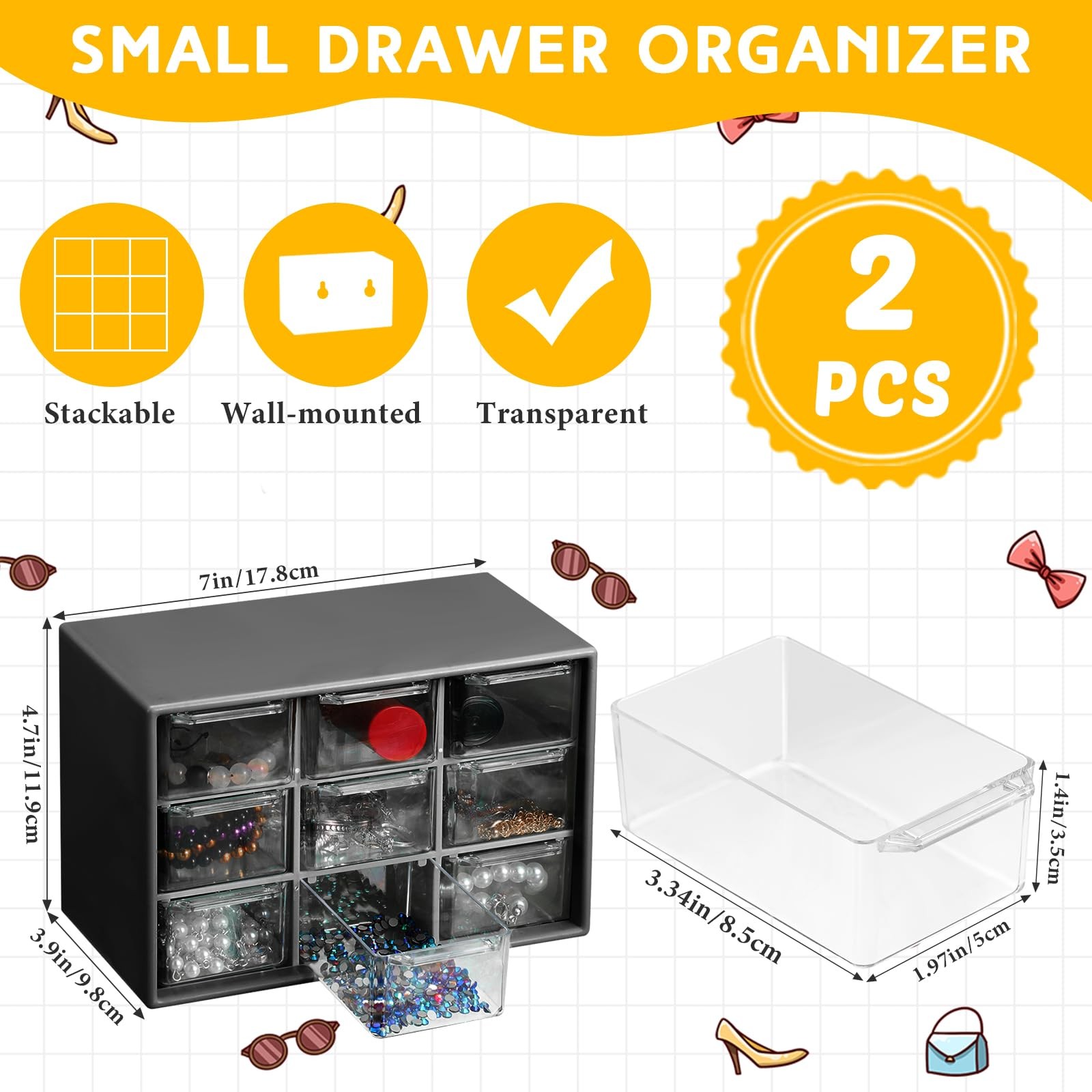 Mini Storage Drawers Teacher Toolbox Craft Organizer 7×3.9×4.7 In Black 2 PCS