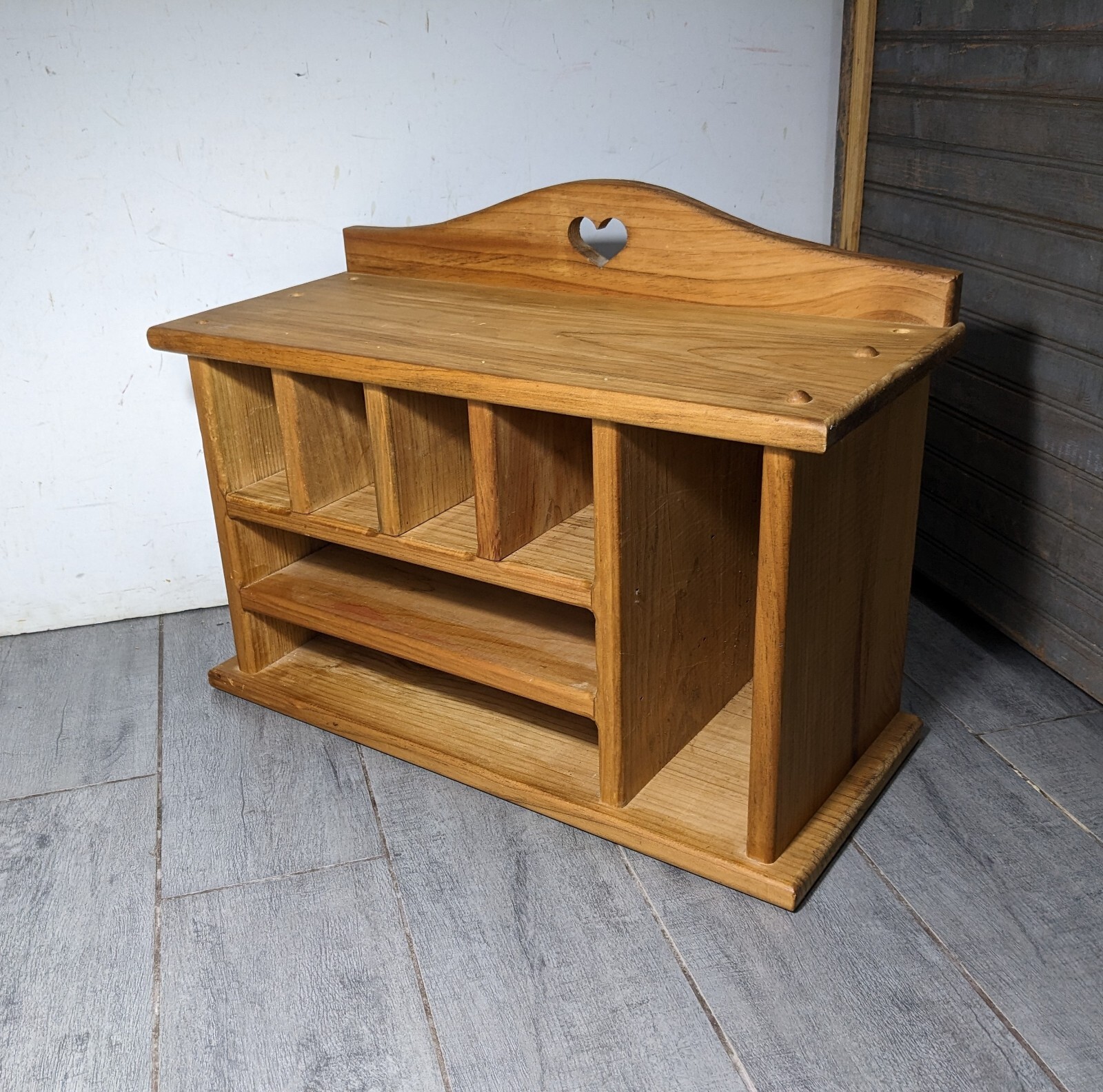 Vintage Rustic Pine Wood Office Desk Letter Holder Mail Organizer Cabinet