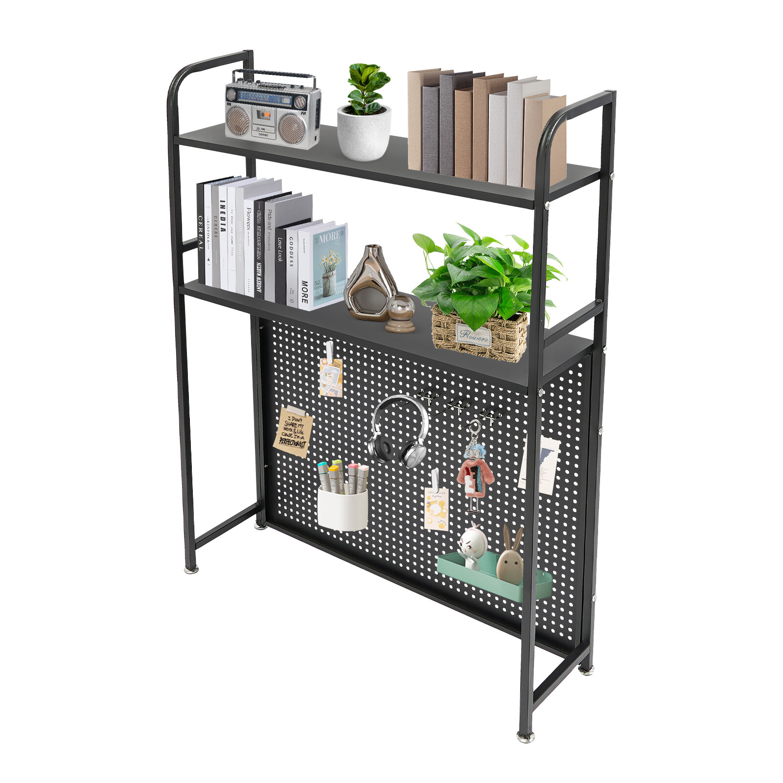2-Tier Desktop Storage Rack with 3 Hooks, Black Carbon Steel Tabletop Shelf