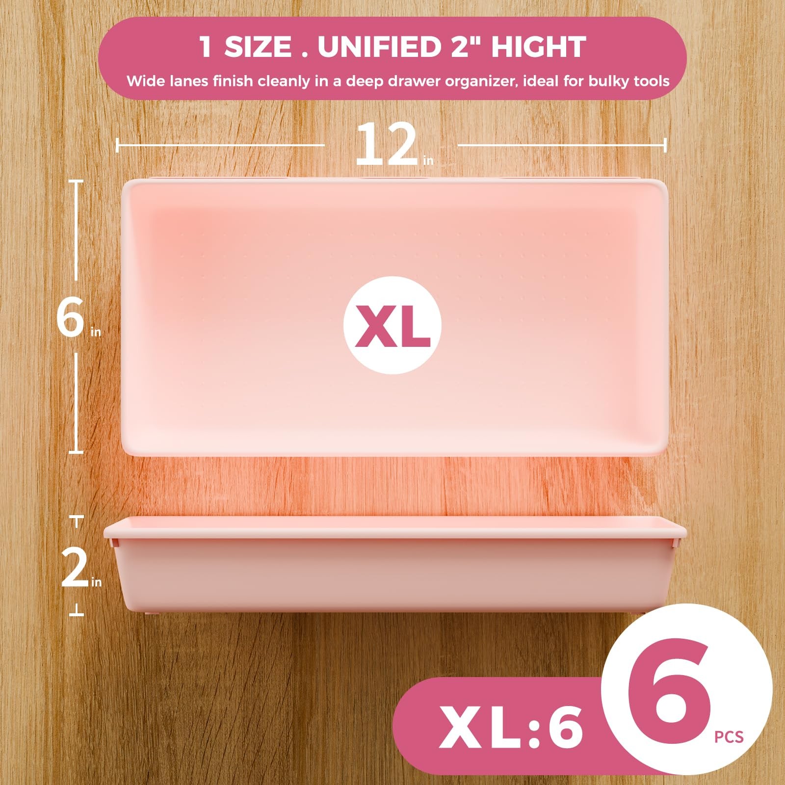 [6 PCS Extra-Large] Pink Drawer Organizer Trays with Non-Slip Pads, Interlock…