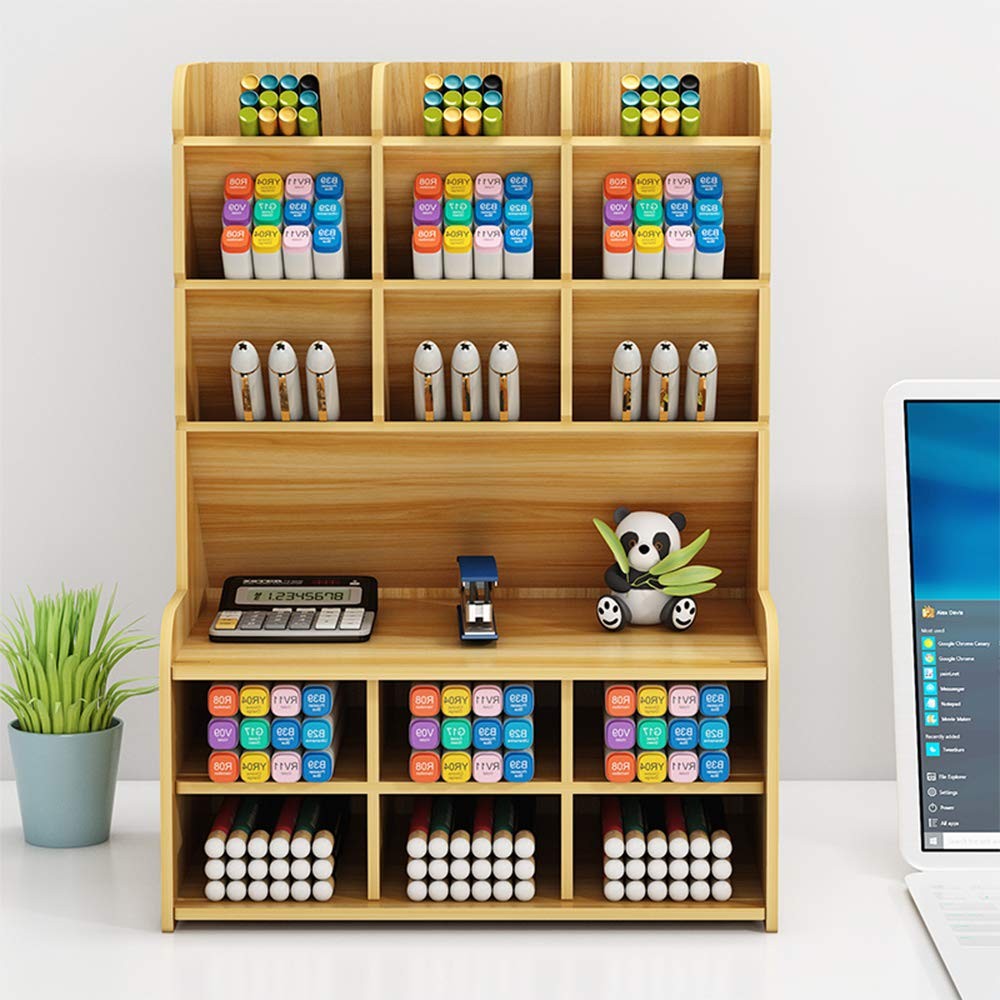 Wooden Desk Organizer, Large Capacity DIY Pen Holder Storage Box Desktop Stat