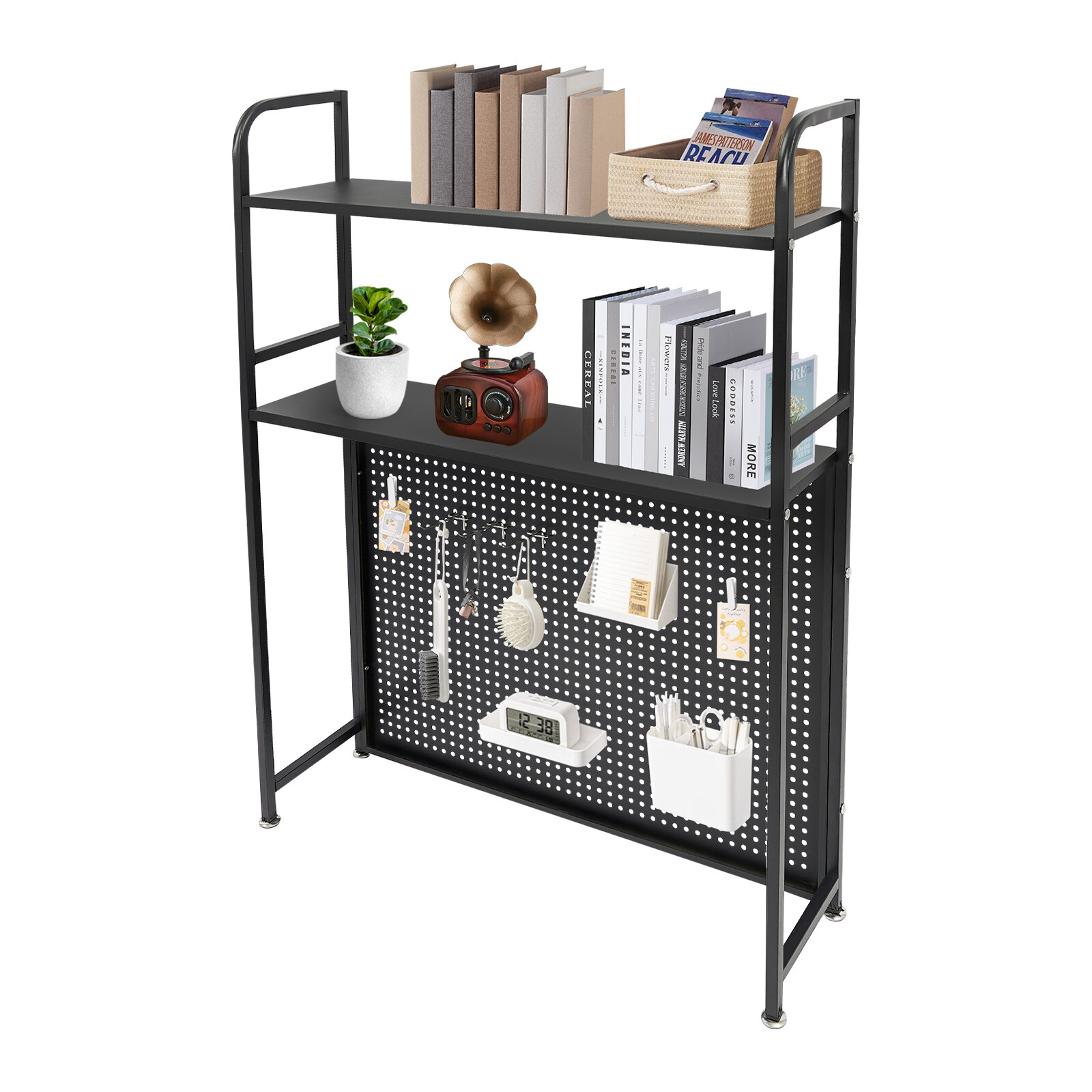 2-Tier Desktop Storage Rack with 3 Hooks, Black Carbon Steel Tabletop Shelf