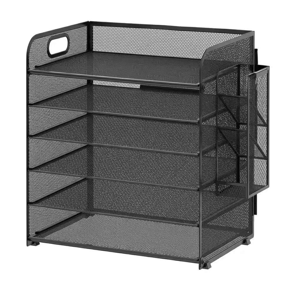 1-Pack 6 Tier Black Mesh Desk Organizer with 4 Pen Holders and Handle, Letter Tr