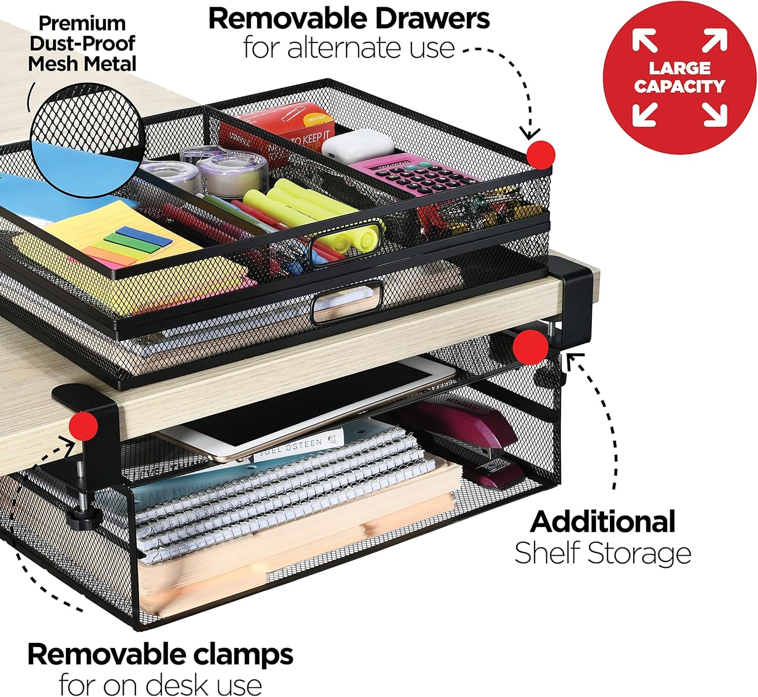 Under Desk Drawer Organizer Clamp-On, Mesh Metal Desk Drawer Attachment, 2 Drawe
