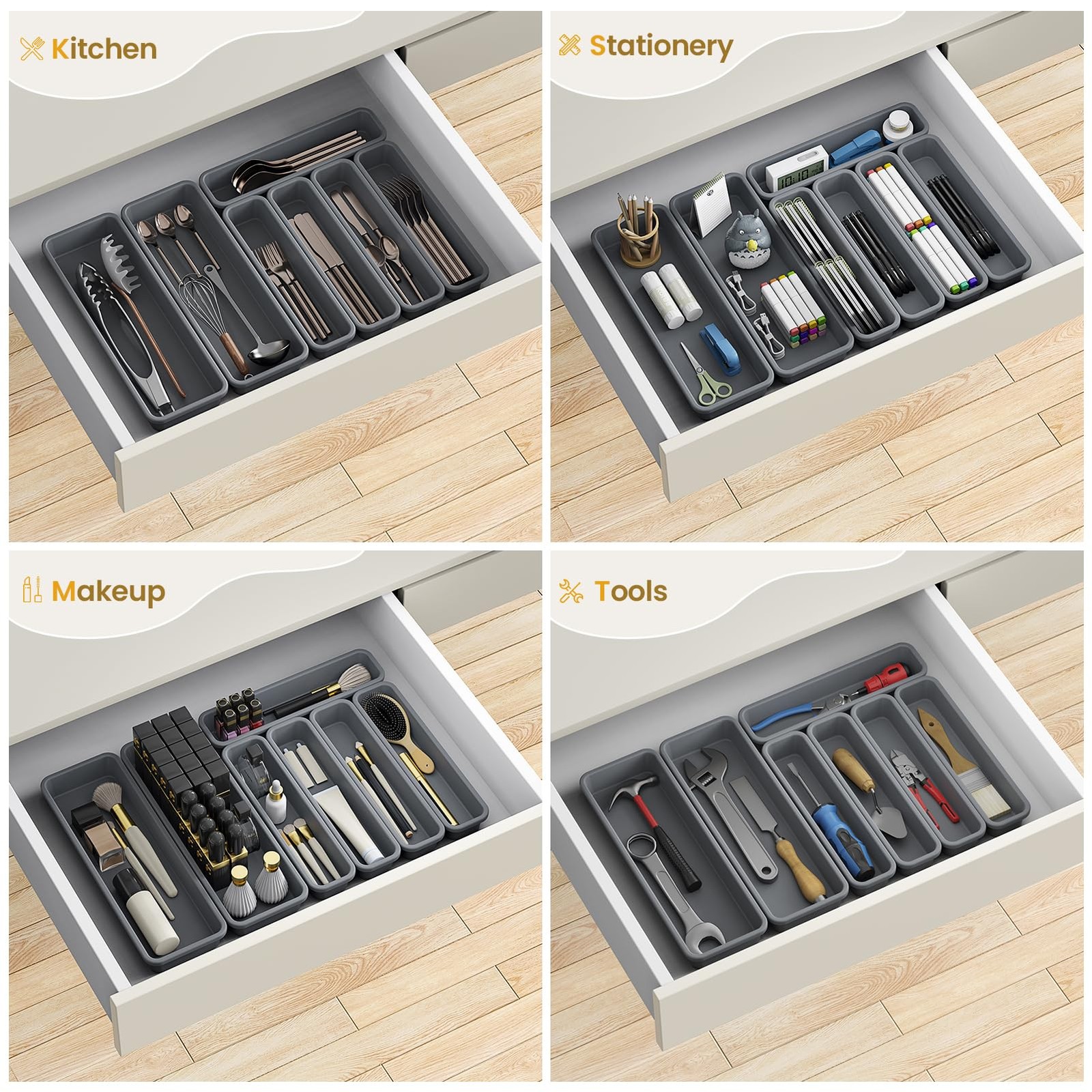 K KORKUAN 7 Pack Silicone Silverware Drawer Organizer, DIY Free 7 Pack, Grey