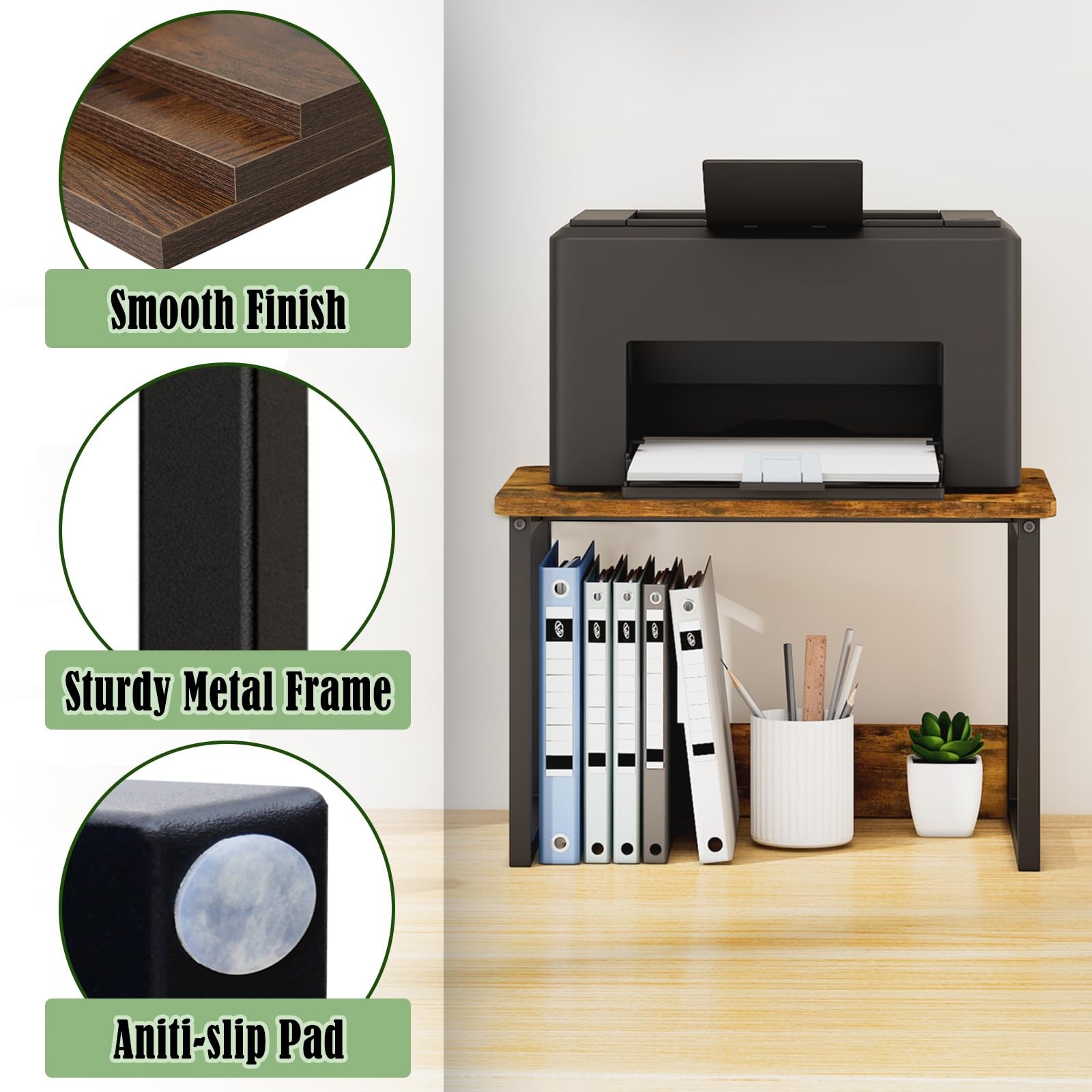 MARTY Printer Stand with Storage for Desk, Desktop 2 Tier, Rustic Brown