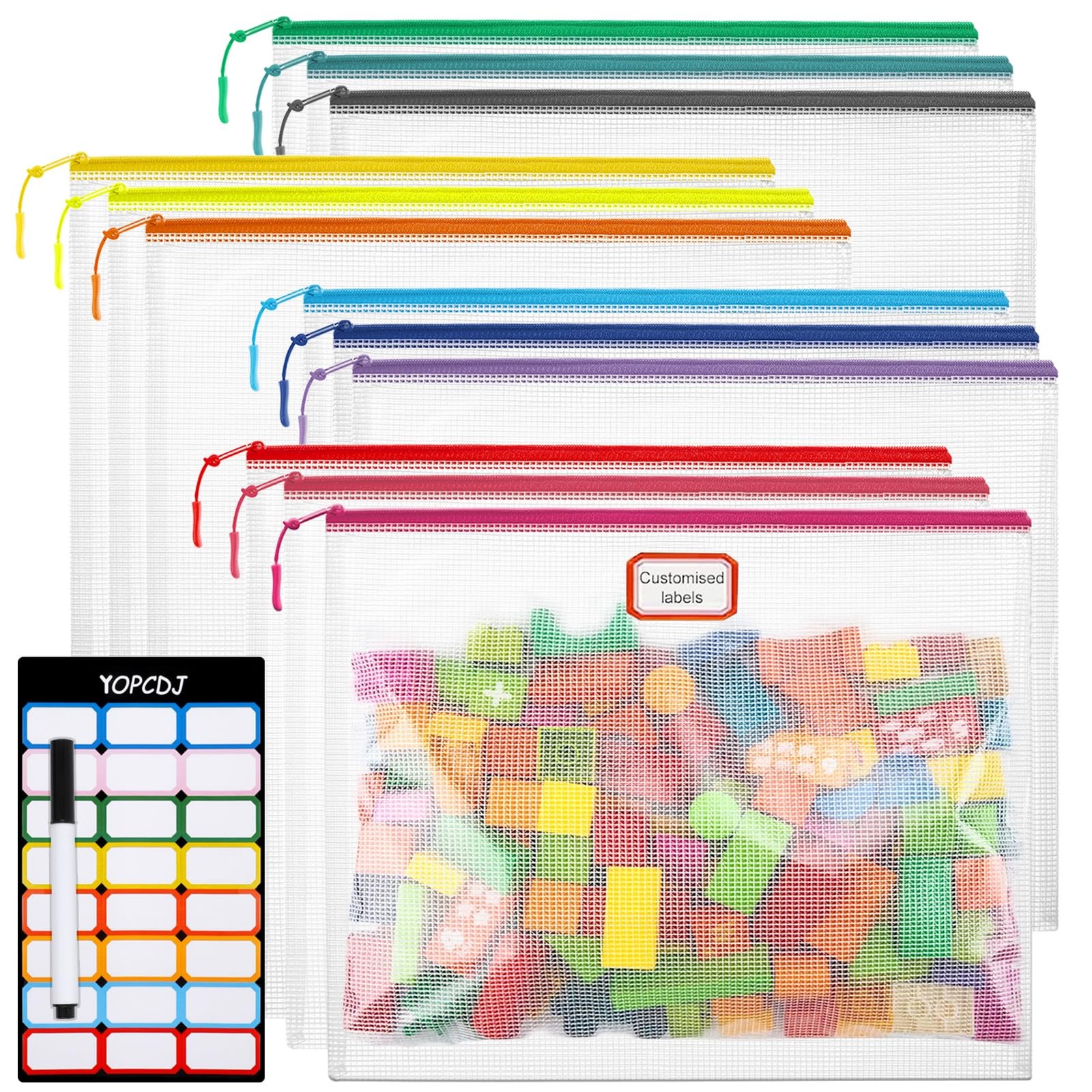 12pcs Mesh Zipper Pouch Bags, A4 Puzzle Bag (12 Colors, 12 Packs) for Organiz…