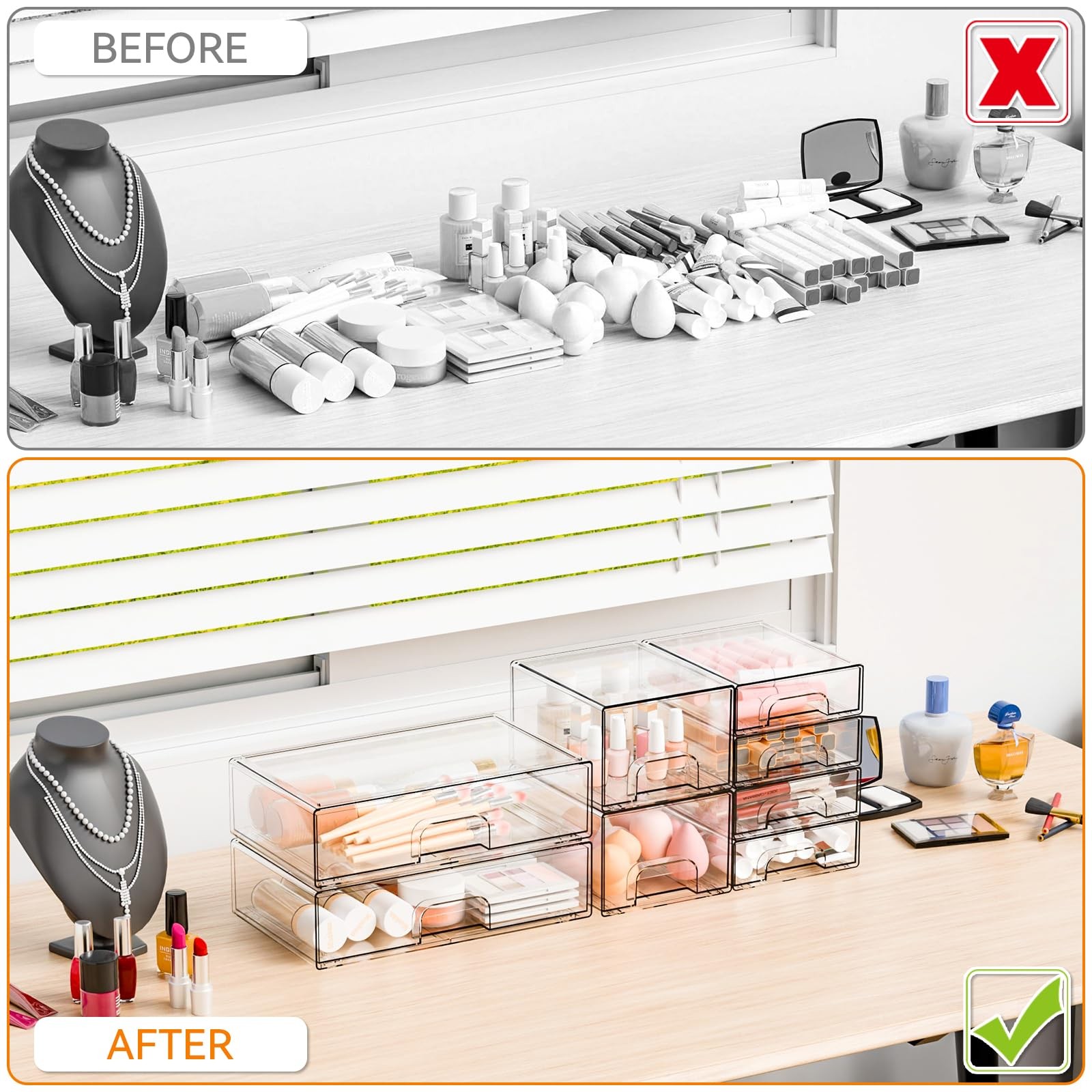Yieach 8 Pack Clear Stackable Storage Drawers,Acrylic Drawer Large,
