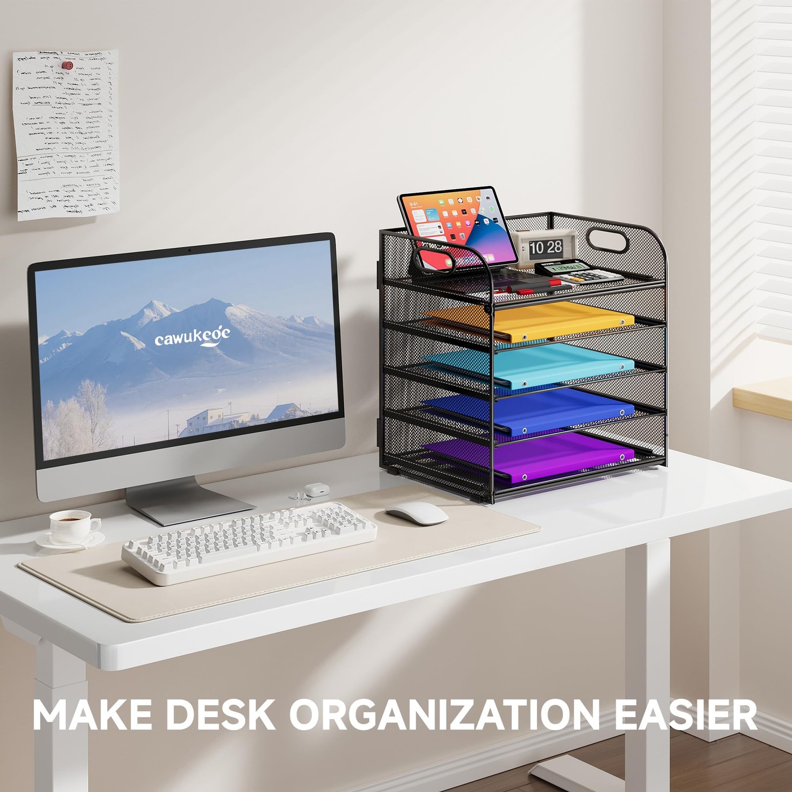 Cawukege 5 Tier Paper Organizer with Handle, 12.6″ x 9.1″ x 13.5″, Black