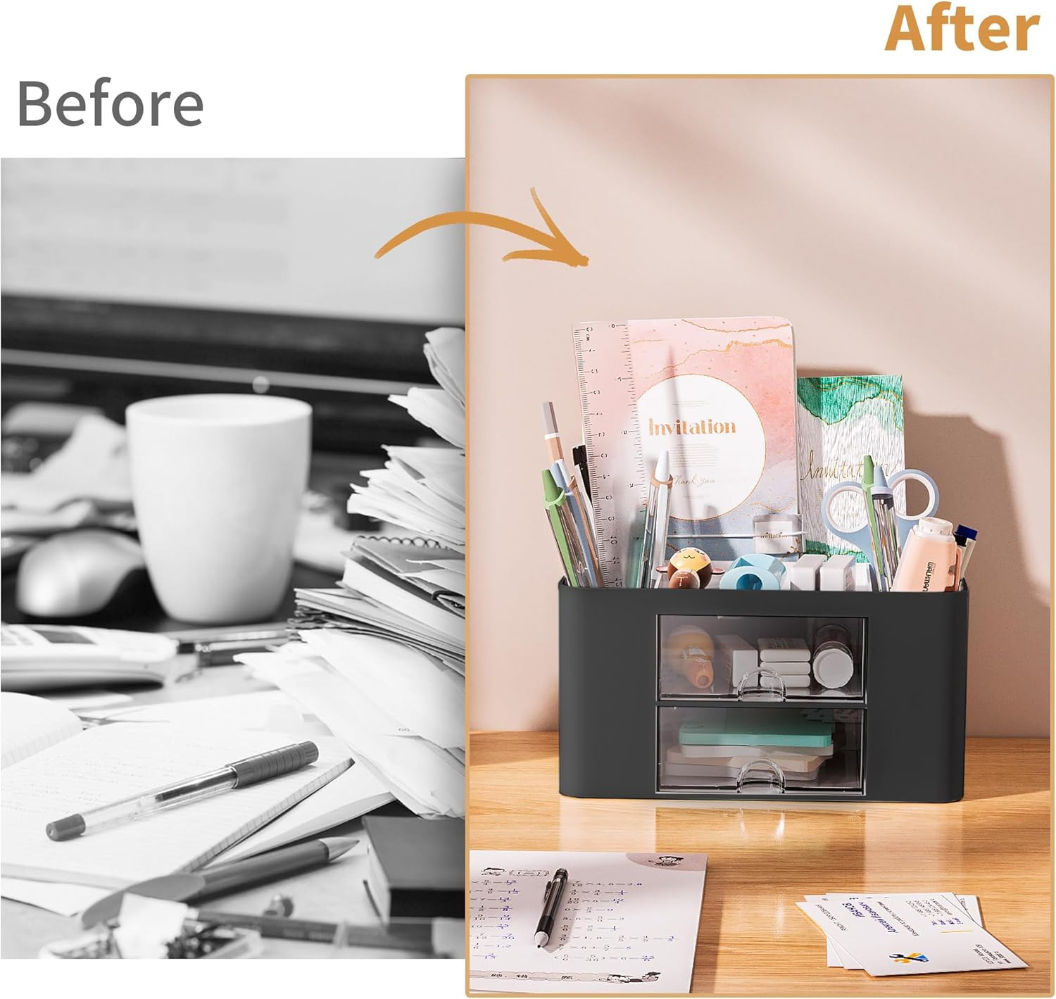 Pen Organizer with 2 Drawer, Multi-Functional Pencil Holder for Desk, Desk Organ