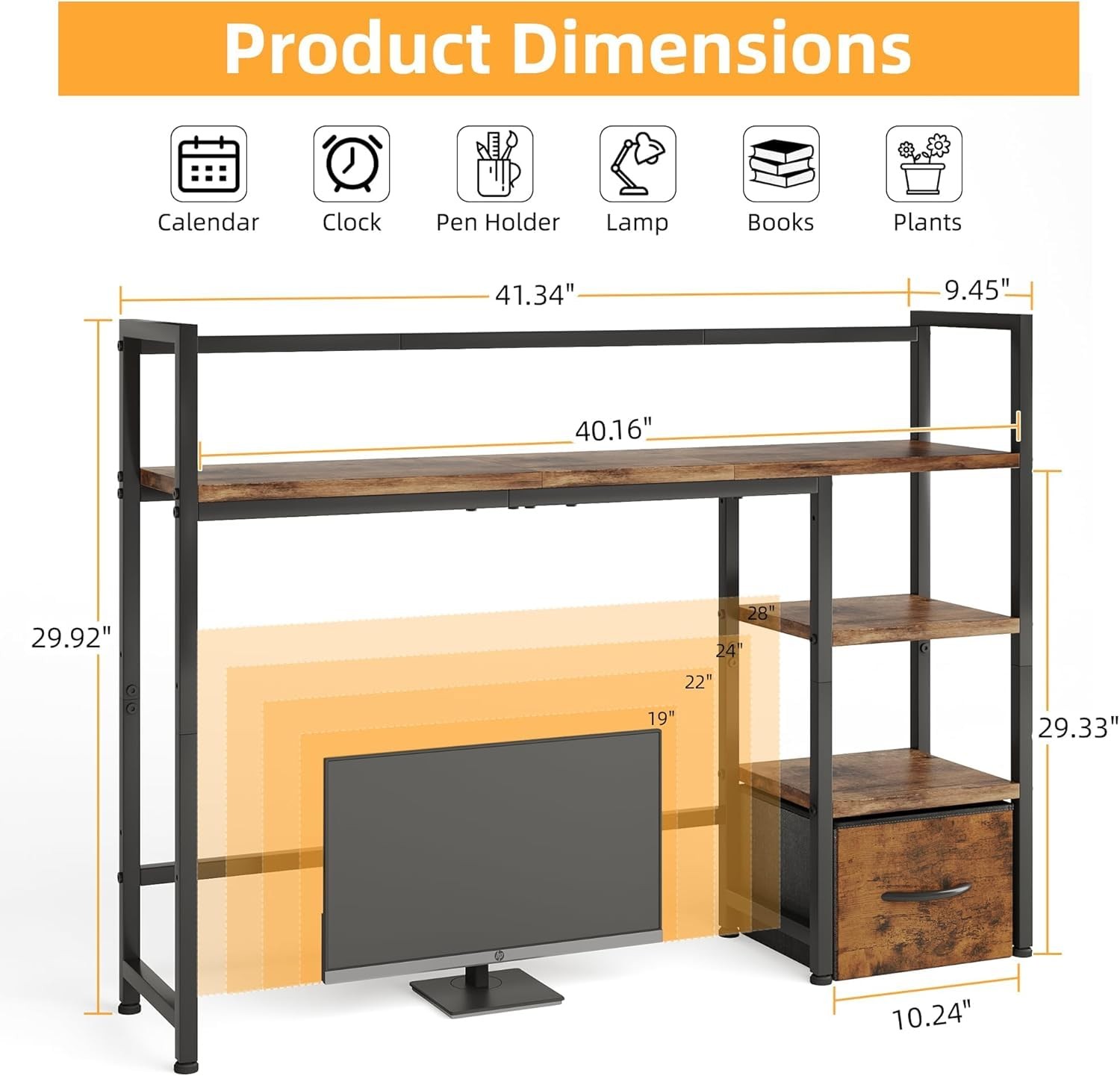 Desk Shelf with Drawer, 41.3″ Desktop 41.3″L × 9.5″W × 29.9″H, Rustic Brown