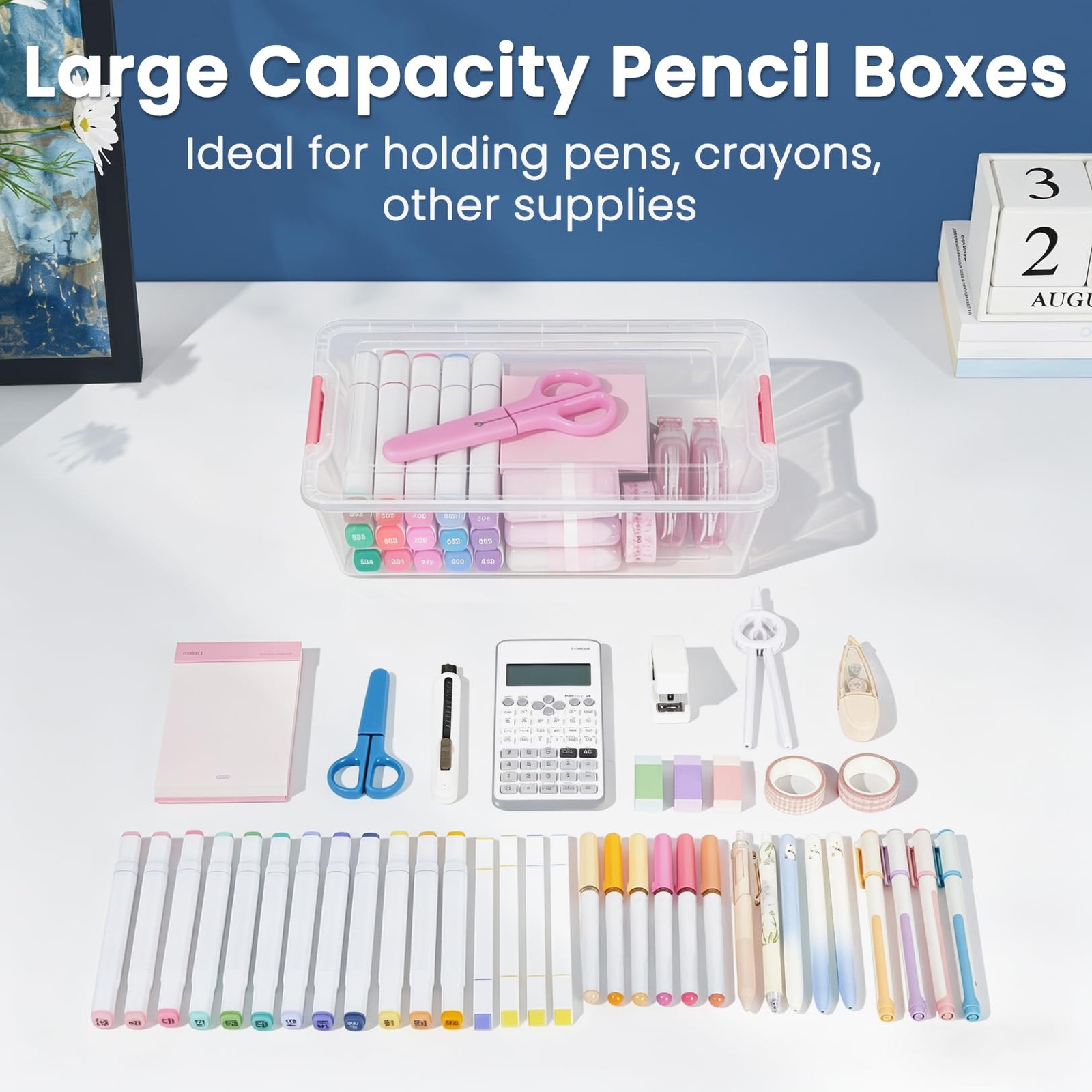 6 Pack Pencil Boxes, New Extra Large Pencil Case, Stackable Crayon Pen Box, C…