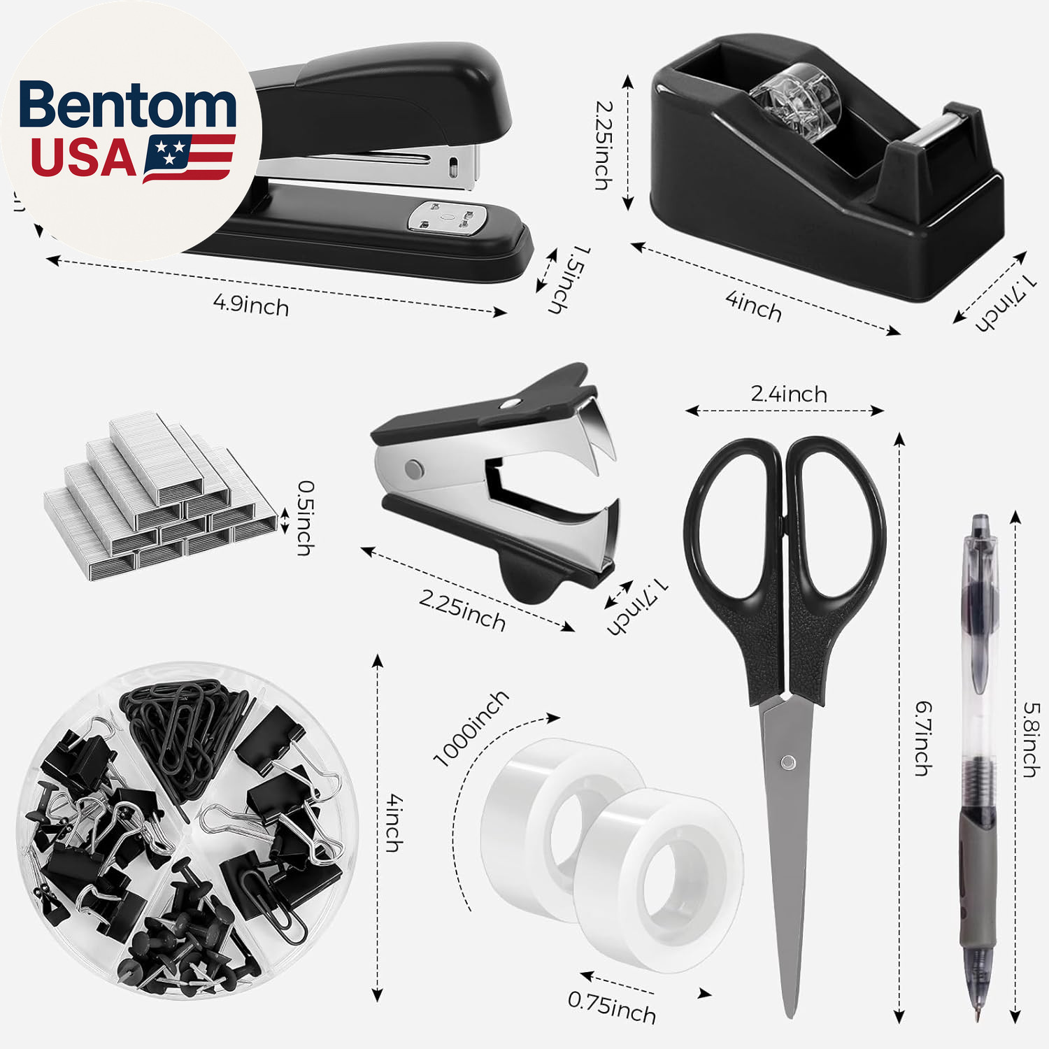 Black Office Supplies Set, Black Desk Accessories, Stapler, Tape Dispenser, Scis