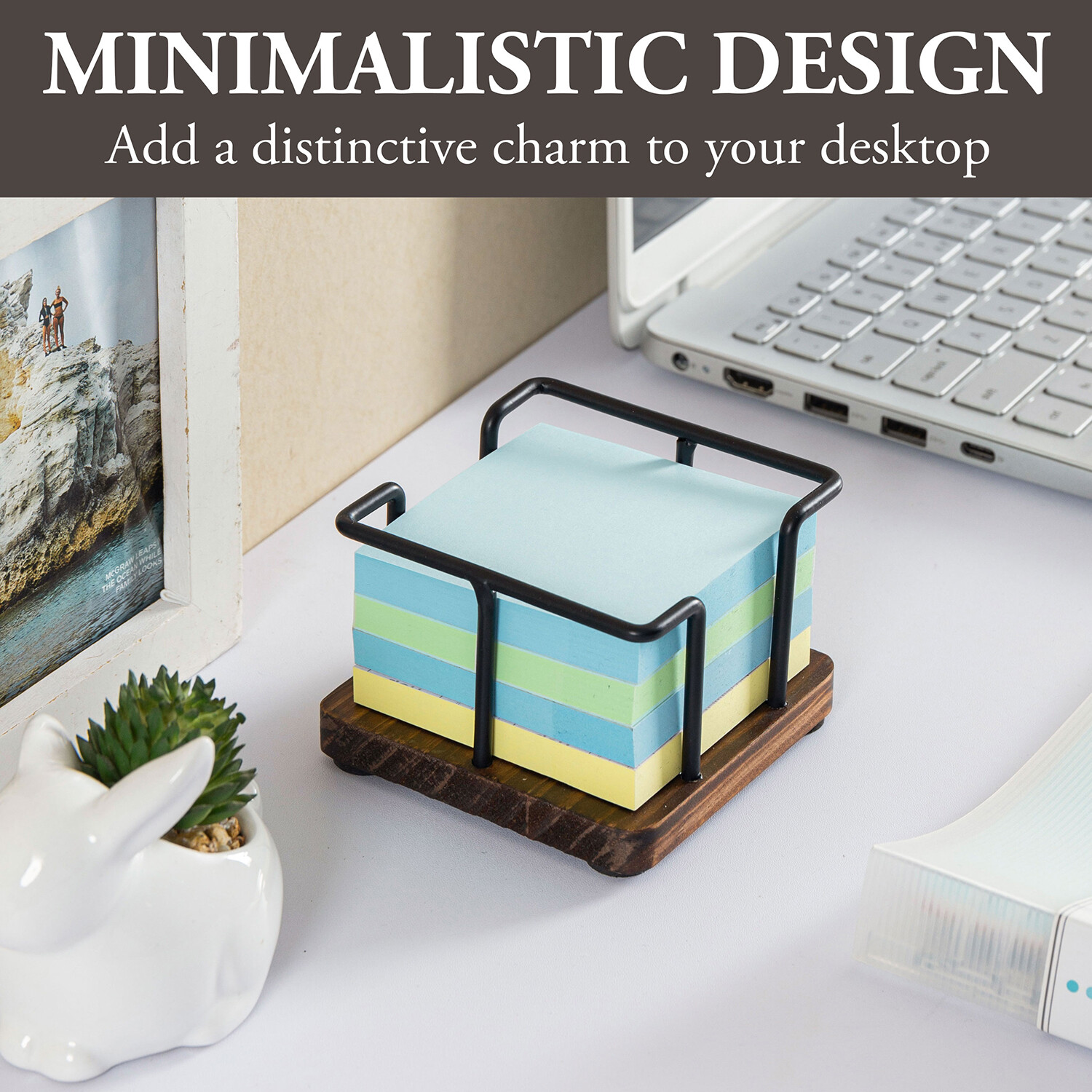 Brown Wood and Black Metal Sticky Note Cube Holder, Memo Pad Storage Dispenser