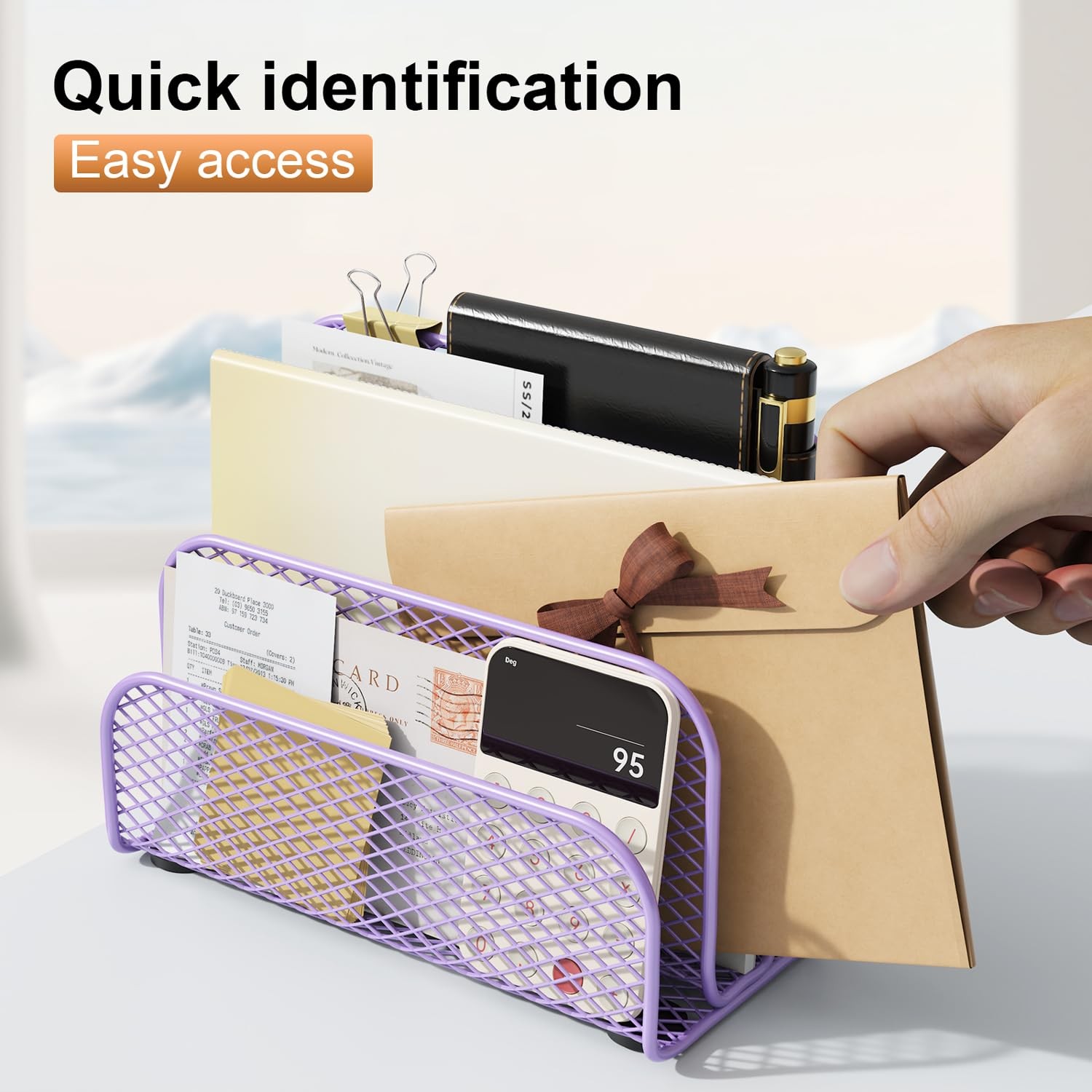 gianotter Mail Organizer Countertop, Metal File Holder with 3-Slot, Purple