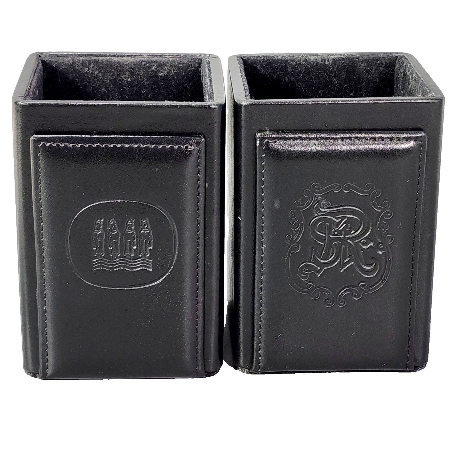 Black Leather Pencil Pen Cup Holder Pair Executive Desk Horse Crest Embroidery
