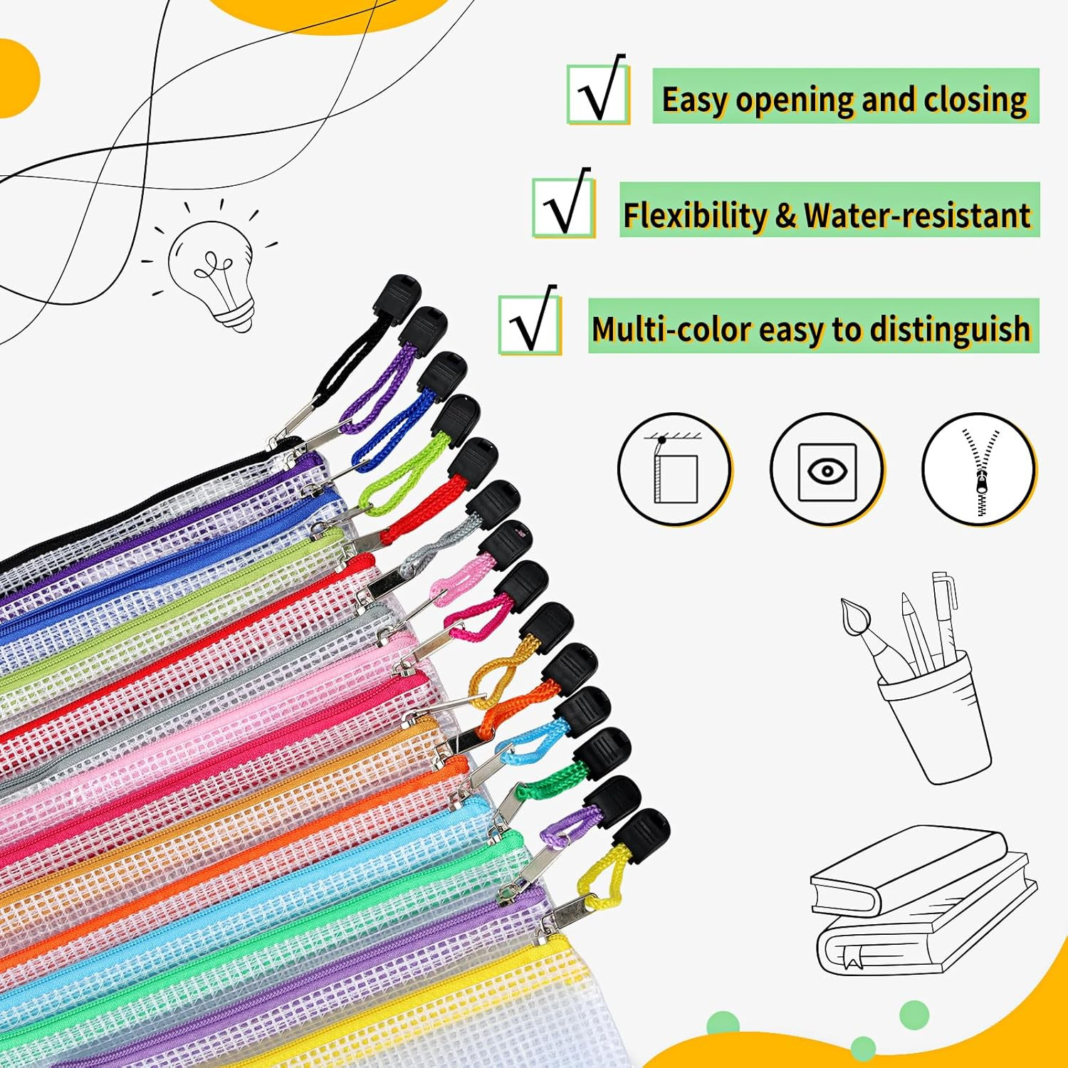 14Pcs Zipper Pouches for Organizing, 8 Sizes 14 Colors Waterproof Mesh Bags