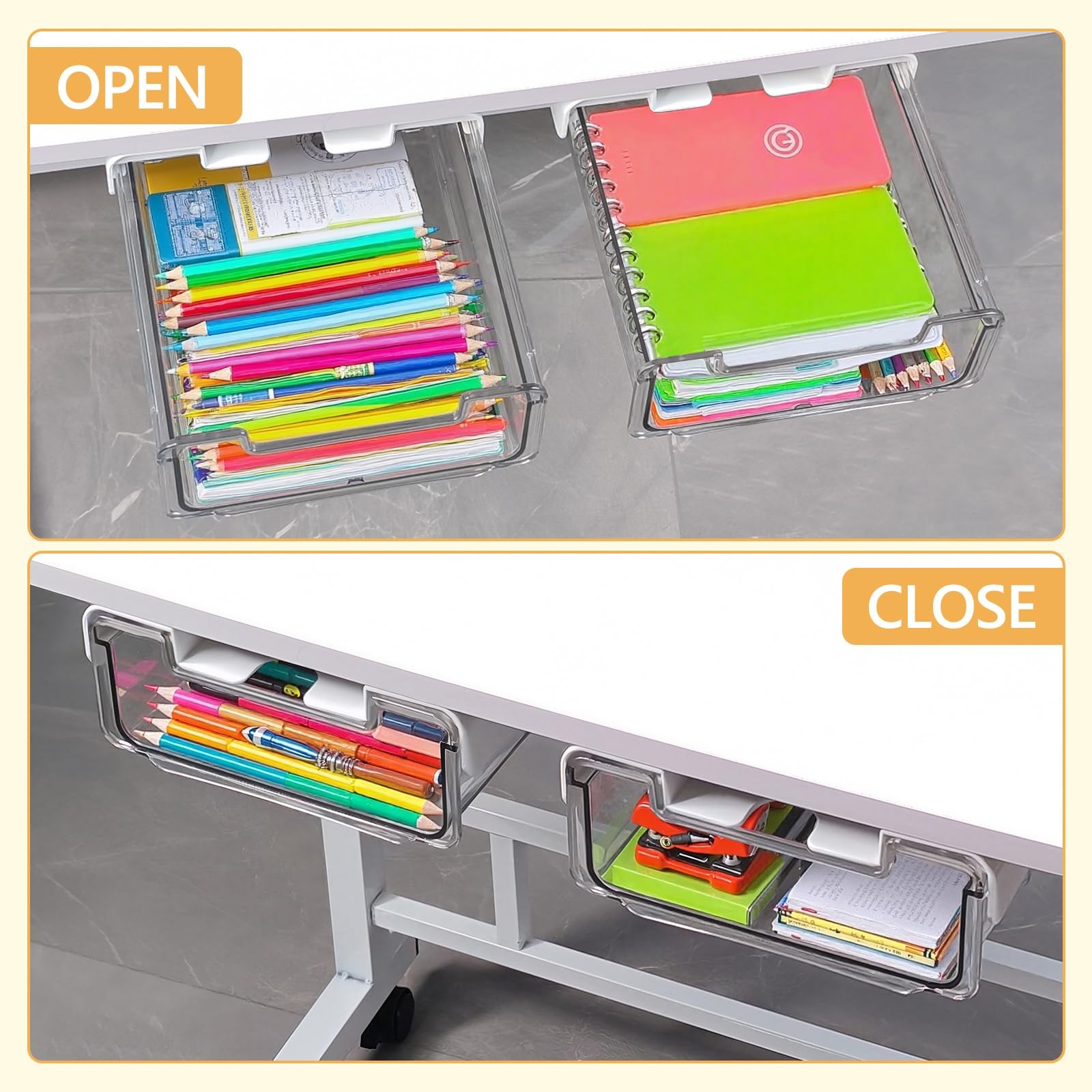 ACUDUDOMA Under Desk Storage Drawers Self-Adhesive Easy 2 Pack, Clear&White