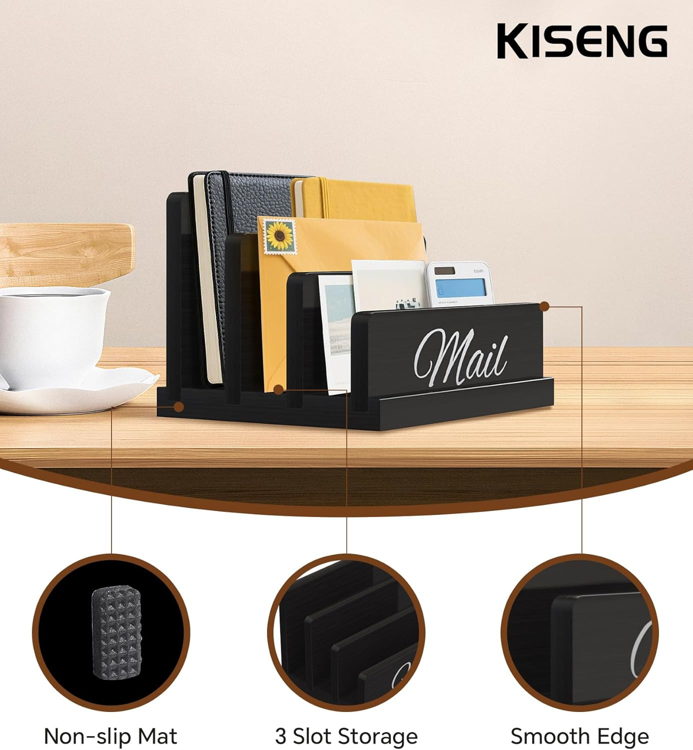 Mail Organizer for Desk,Wooden Mail Holder with Divider, 3-Slot Letter Sorter Fi